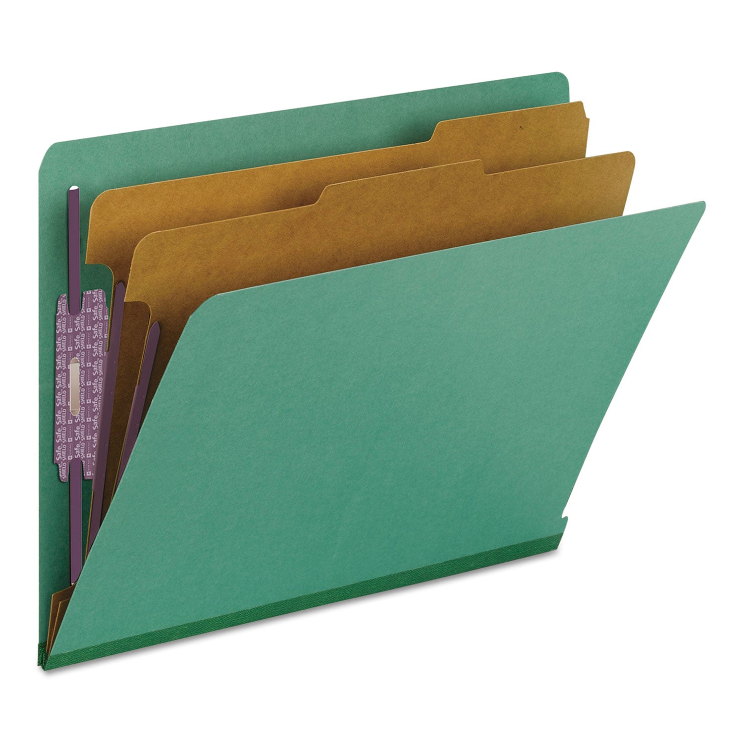 Smead™ End Tab Pressboard Classification Folders, Six SafeSHIELD Fasteners, 2" Expansion, 2 Dividers, Letter Size, Green, 10/Box