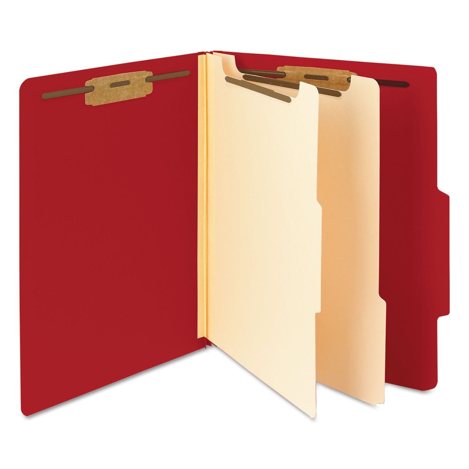 Smead™ Top Tab Classification Folders, Six SafeSHIELD Fasteners, 2" Expansion, 2 Dividers, Letter Size, Red Exterior, 10/Box