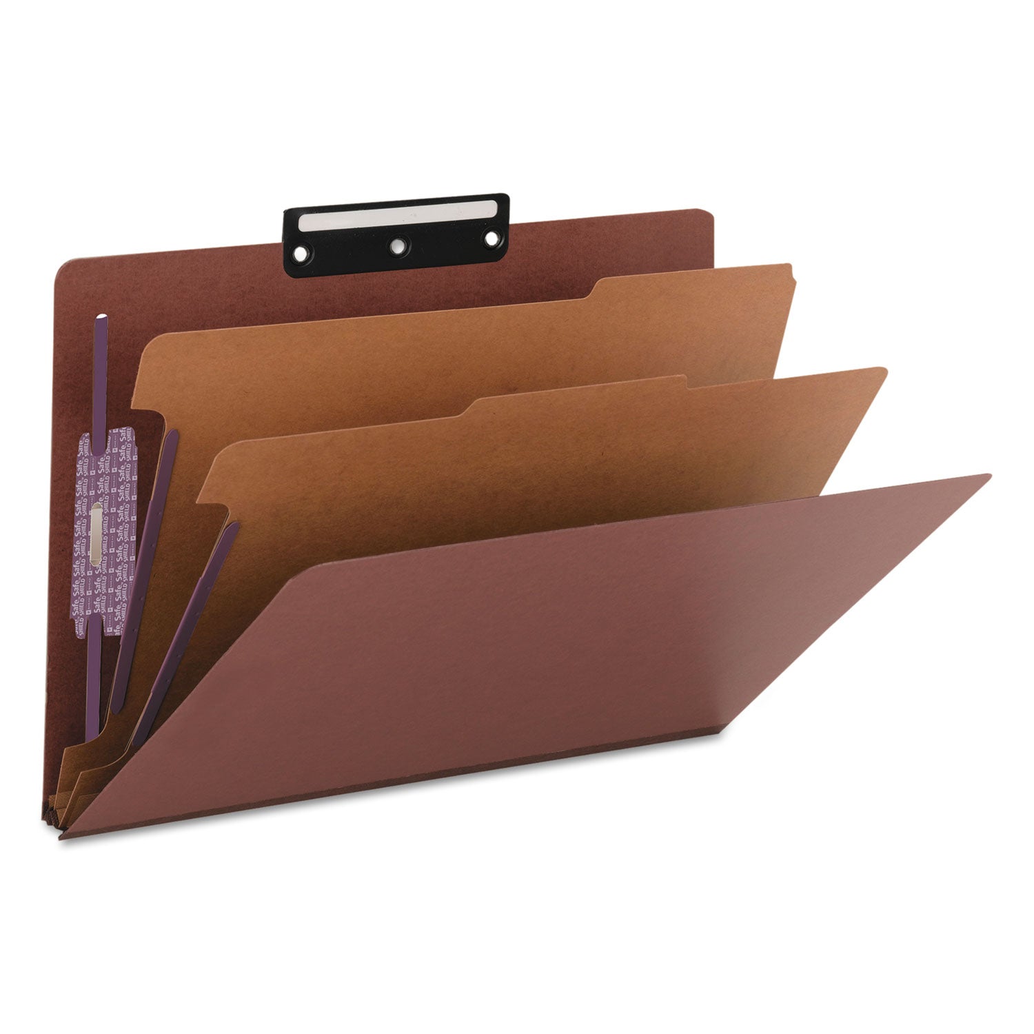 Smead™ Pressboard Classification Folders, Six SafeSHIELD Fasteners, 1/3-Cut Tabs, 2 Dividers, Legal Size, Red, 10/Box