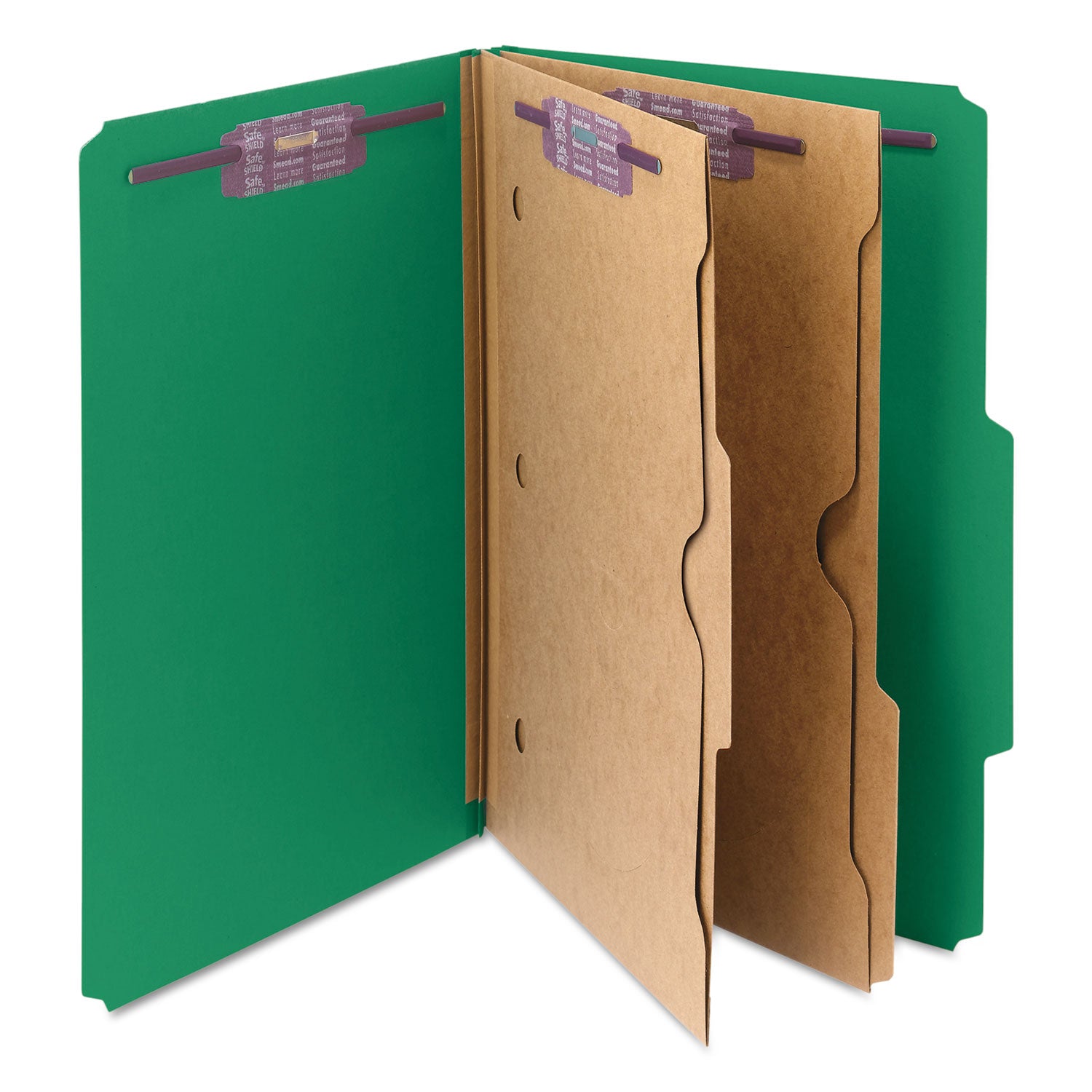 Smead™ 6-Section Pressboard Top Tab Pocket Classification Folders, 6 SafeSHIELD Fasteners, 2 Dividers, Legal Size, Green, 10/Box