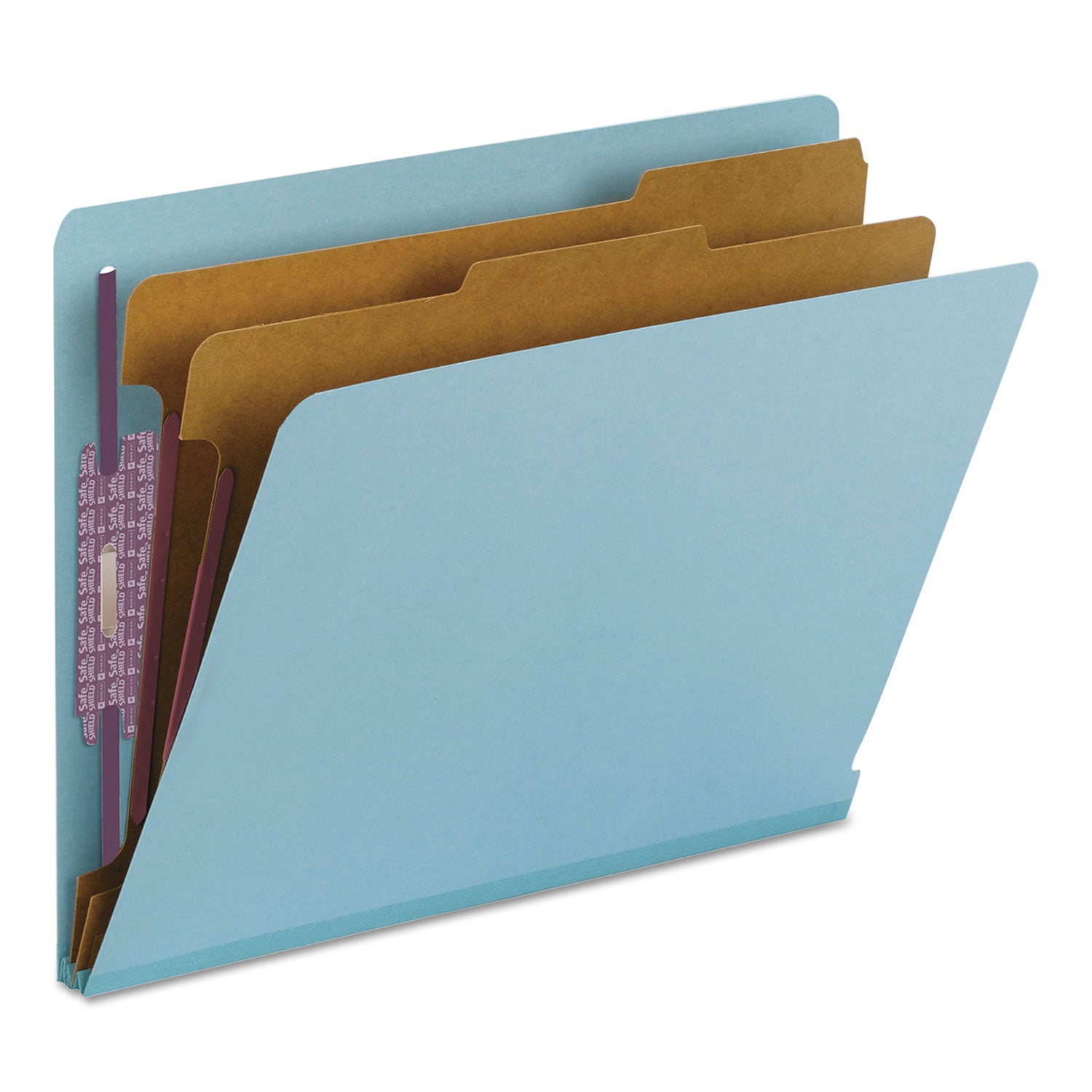 Smead™ End Tab Pressboard Classification Folders, Six SafeSHIELD Fasteners, 2" Expansion, 2 Dividers, Letter Size, Blue, 10/Box