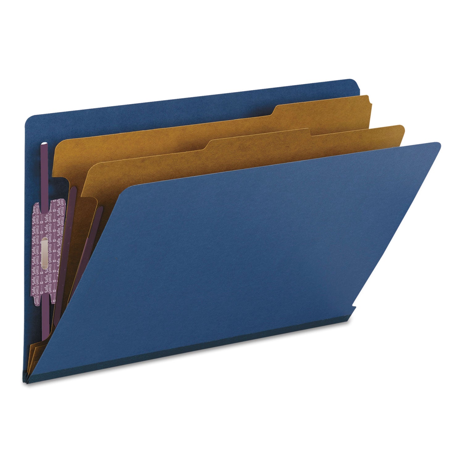 Smead™ End Tab Pressboard Classification Folders, Six SafeSHIELD Fasteners, 2" Expansion, 2 Dividers, Legal Size, Dark Blue, 10/Box