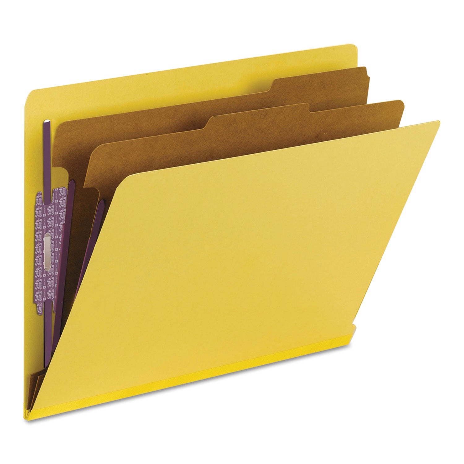 Smead™ End Tab Pressboard Classification Folders, Six SafeSHIELD Fasteners, 2" Expansion, 2 Dividers, Letter Size, Yellow, 10/Box