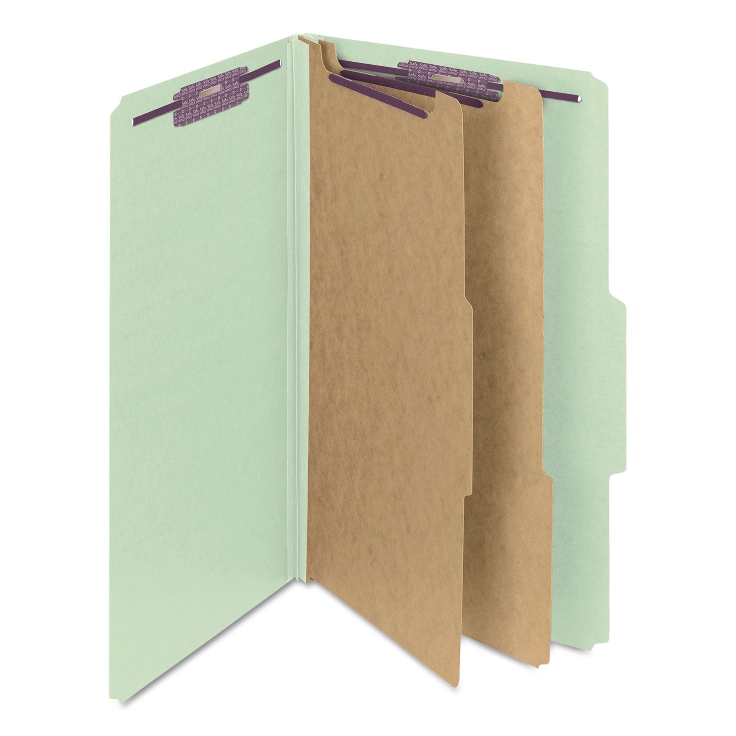 Pressboard Classification Folders, Six SafeSHIELD Fasteners, 2/5-Cut Tabs, 2 Dividers, Legal Size, Gray-Green, 10/Box