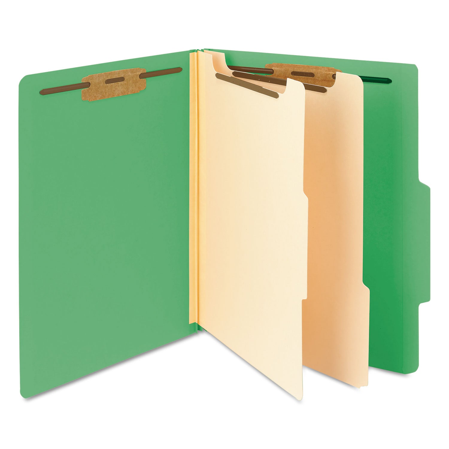 Smead™ Top Tab Classification Folders, Six SafeSHIELD Fasteners, 2" Expansion, 2 Dividers, Letter Size, Green Exterior, 10/Box