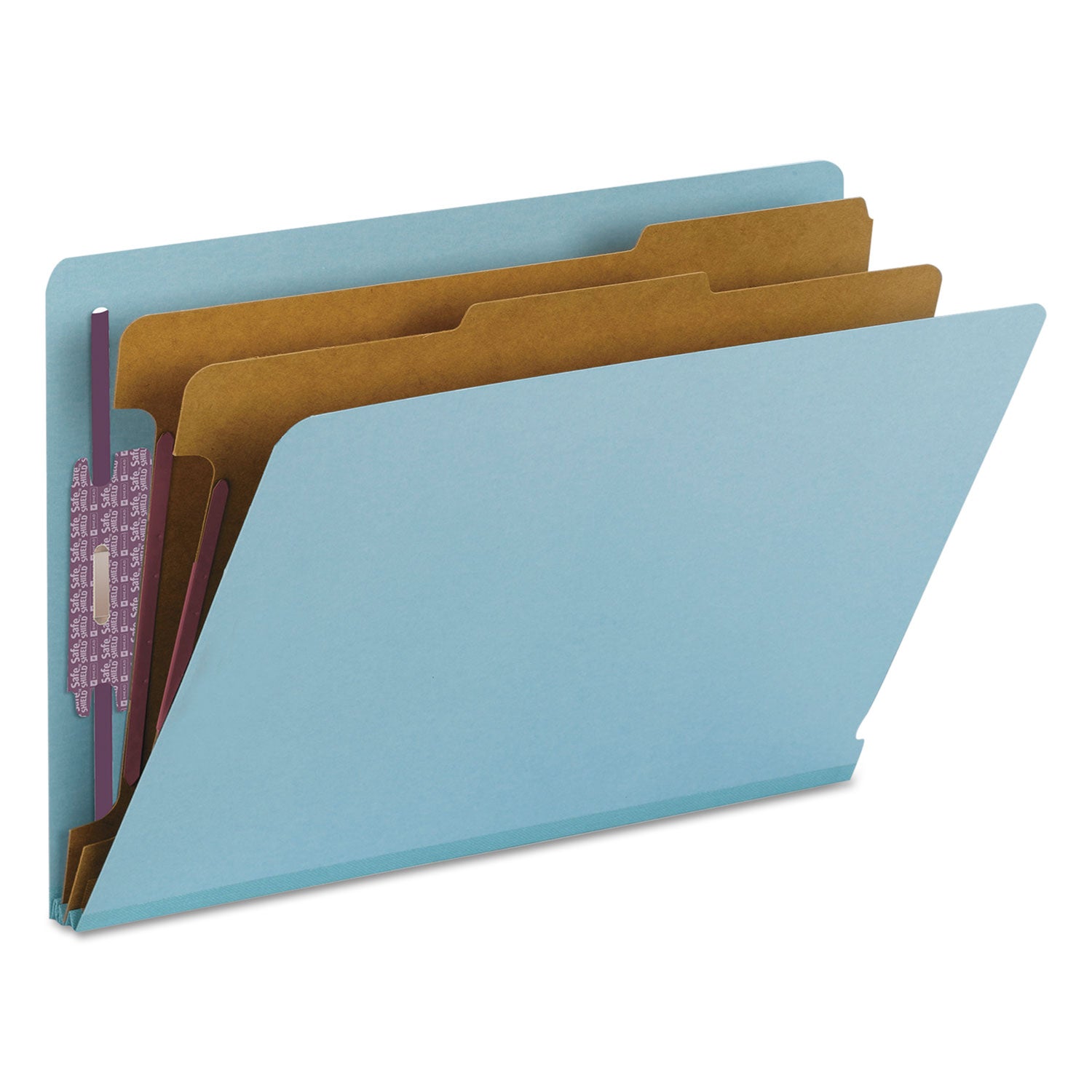 Smead™ End Tab Pressboard Classification Folders, Six SafeSHIELD Fasteners, 2" Expansion, 2 Dividers, Legal Size, Blue, 10/Box