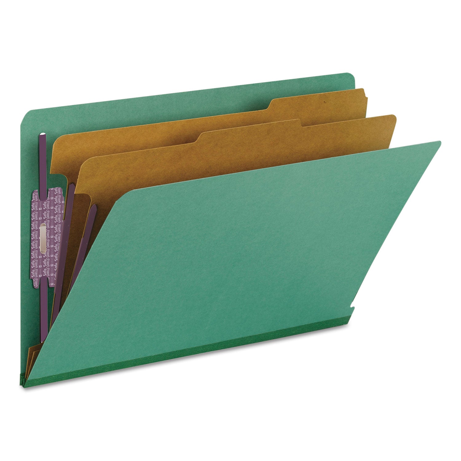 Smead™ End Tab Pressboard Classification Folders, Six SafeSHIELD Fasteners, 2" Expansion, 2 Dividers, Legal Size, Green, 10/Box