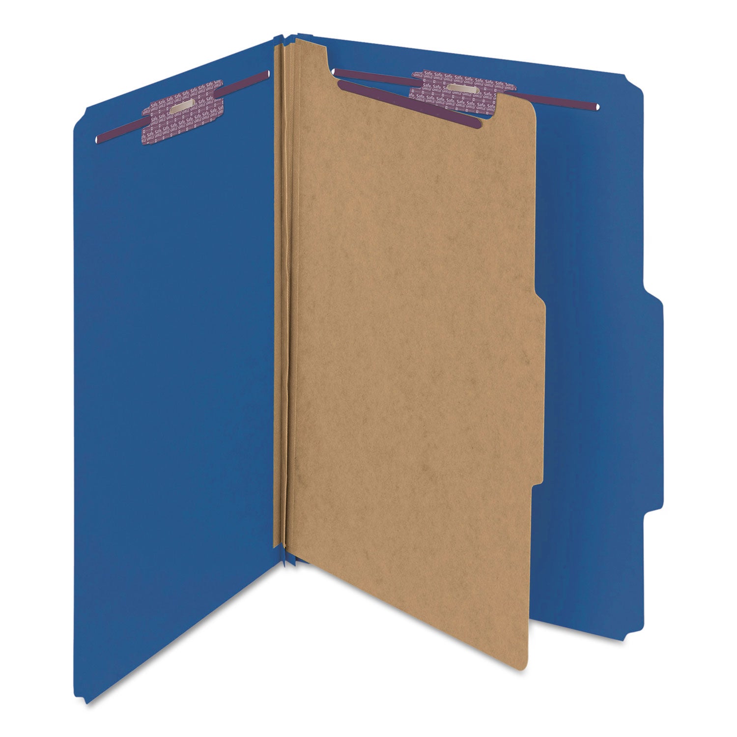 Smead™ Four-Section Pressboard Top Tab Classification Folders, Four SafeSHIELD Fasteners, 1 Divider, Legal Size, Dark Blue, 10/Box