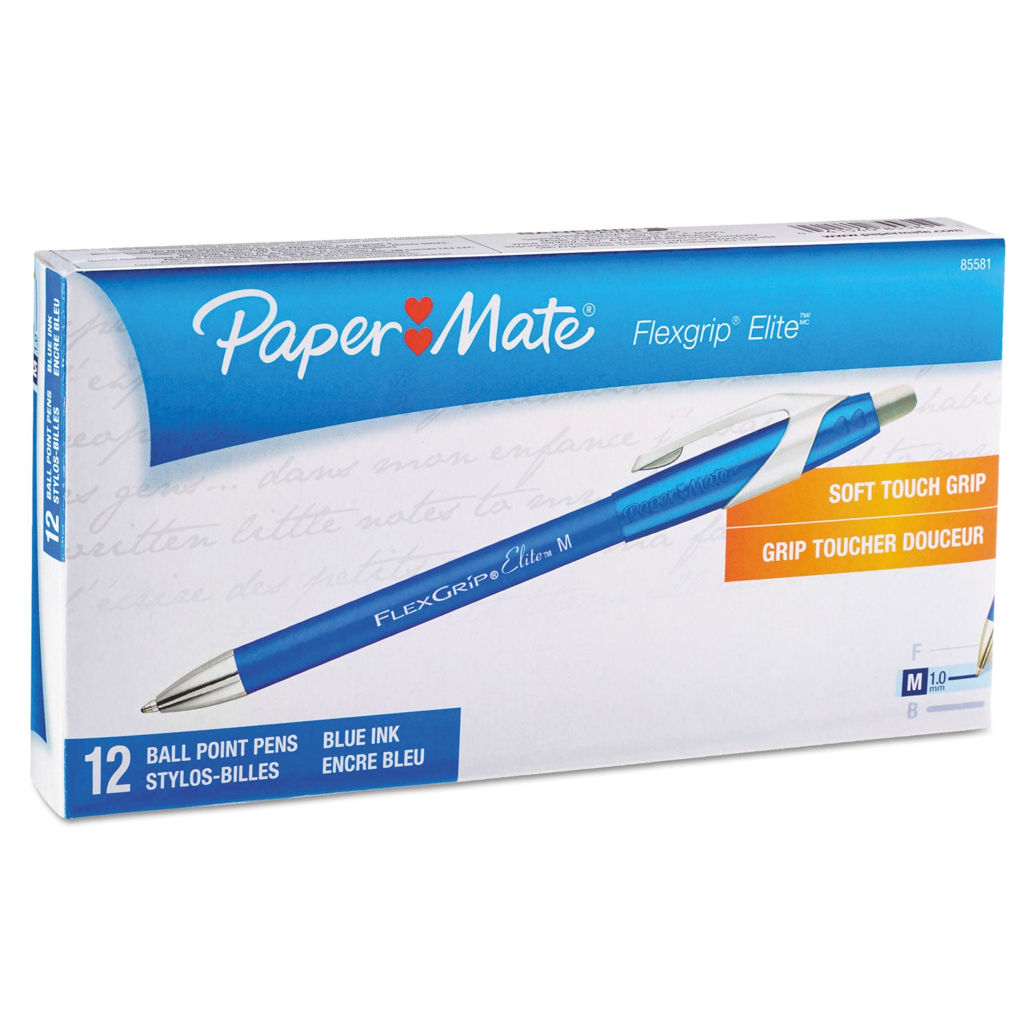 Paper Mate® FlexGrip Elite Ballpoint Pen, Retractable, Medium 1 mm, Blue Ink, Blue Barrel, Dozen