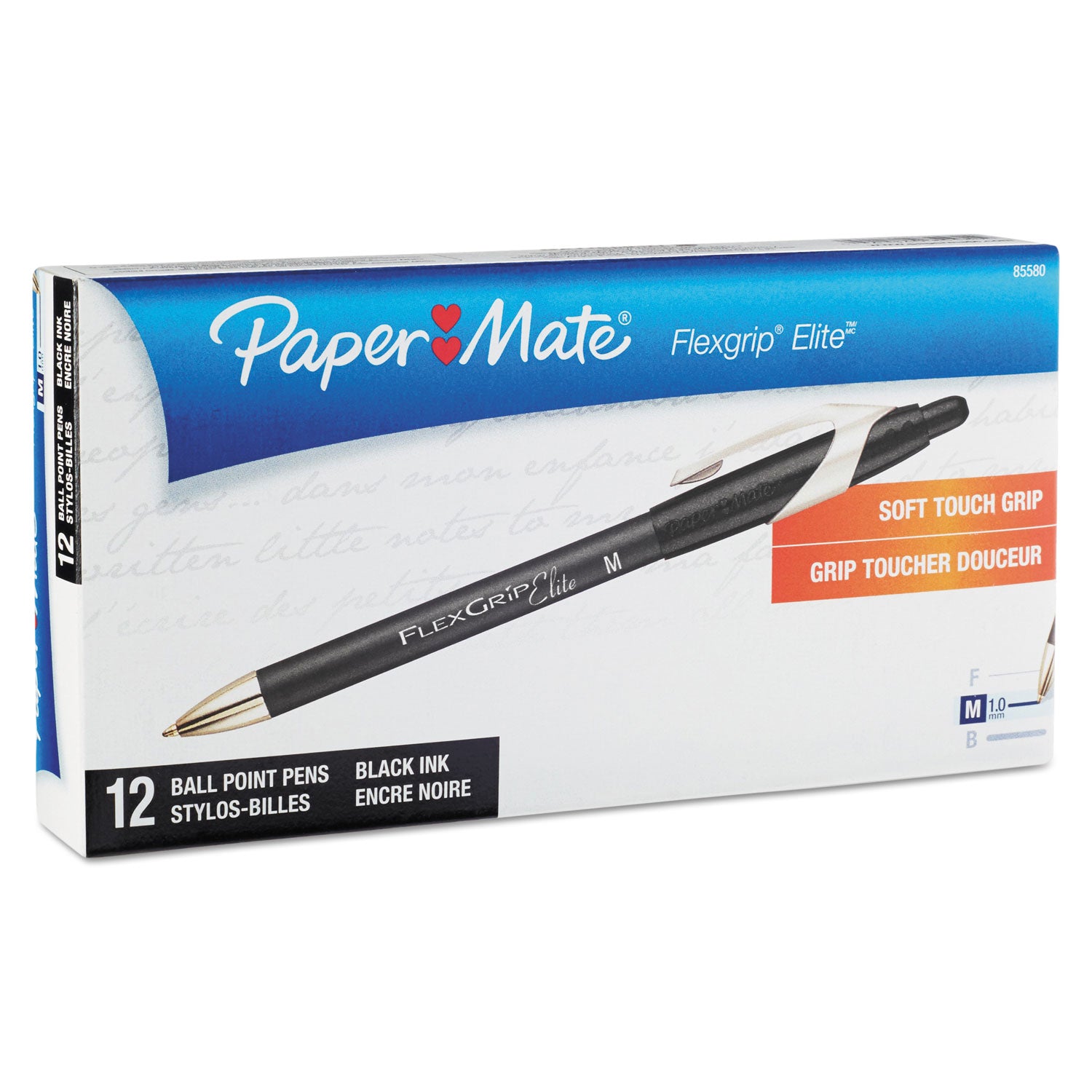 Paper Mate® FlexGrip Elite Ballpoint Pen, Retractable, Medium 1 mm, Black Ink, Black Barrel, Dozen