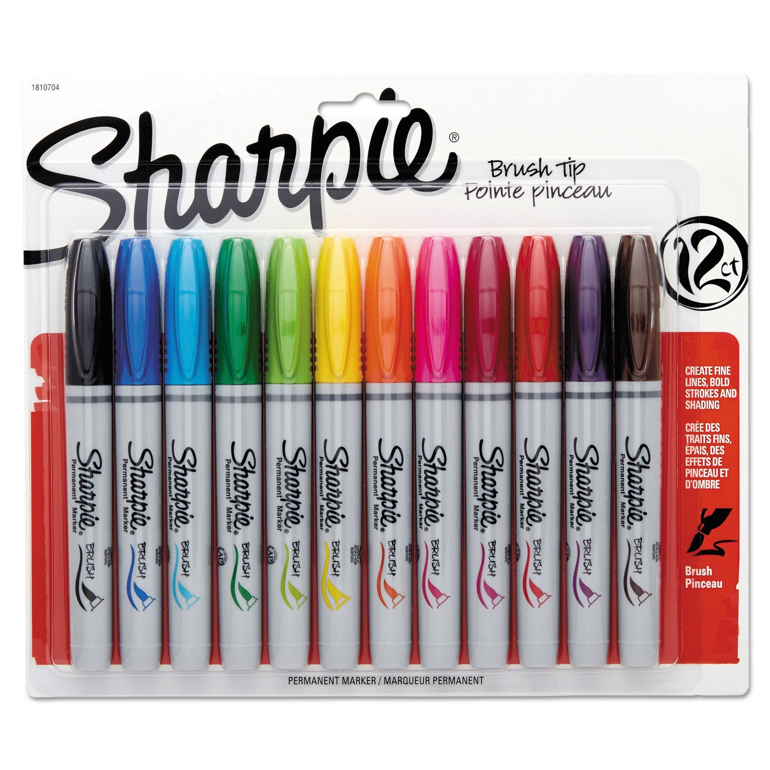 Brush Tip Permanent Marker, Medium Brush Tip, Assorted Colors, 12/Set