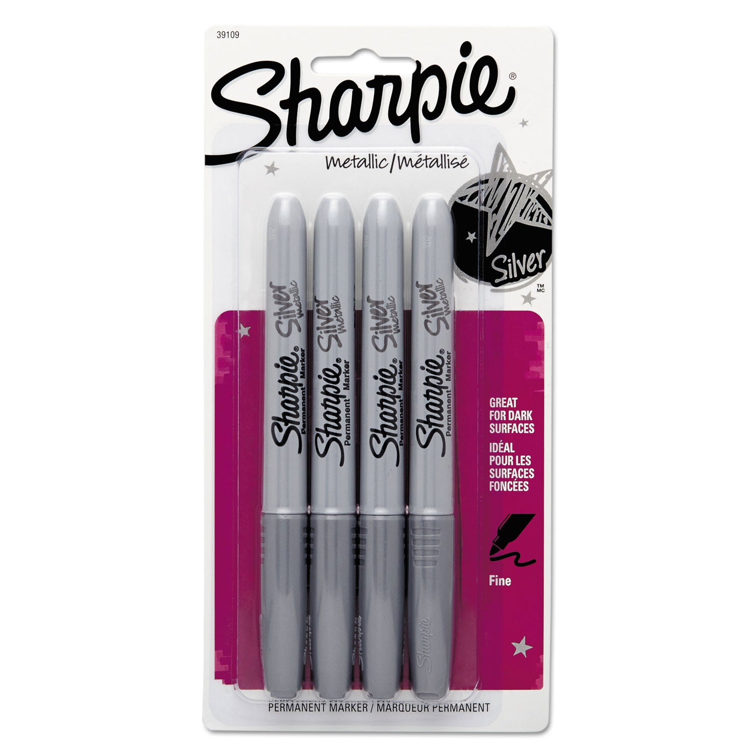 Sharpie® Metallic Fine Point Permanent Markers, Fine Bullet Tip, Metallic Silver, 4/Pack