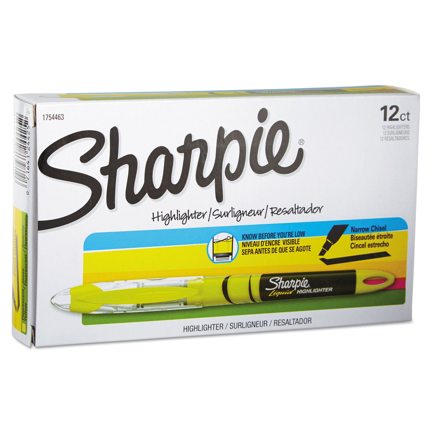 Sharpie® Liquid Pen Style Highlighters, Fluorescent Yellow Ink, Chisel Tip, Yellow/Black/Clear Barrel, Dozen