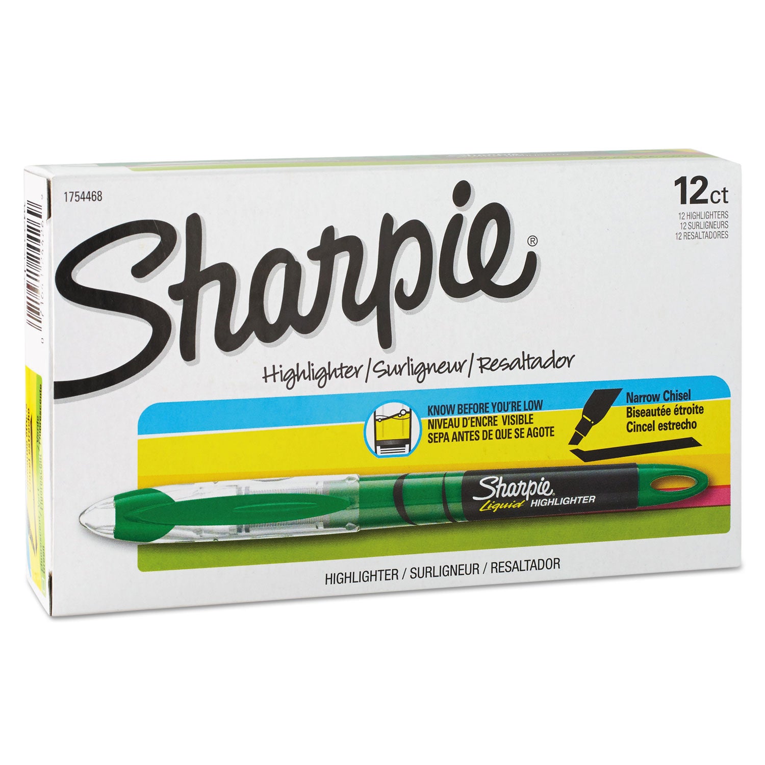 Sharpie® Liquid Pen Style Highlighters, Fluorescent Green Ink, Chisel Tip, Green/Black/Clear Barrel, Dozen