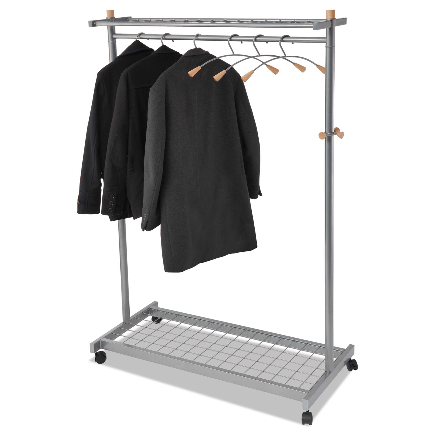 Alba™ Garment Racks, Two-Sided, 2-Shelf Coat Rack, 6 Hanger/6 Hook, 44.8w x 21.67d x 70.8h, Silver/Wood