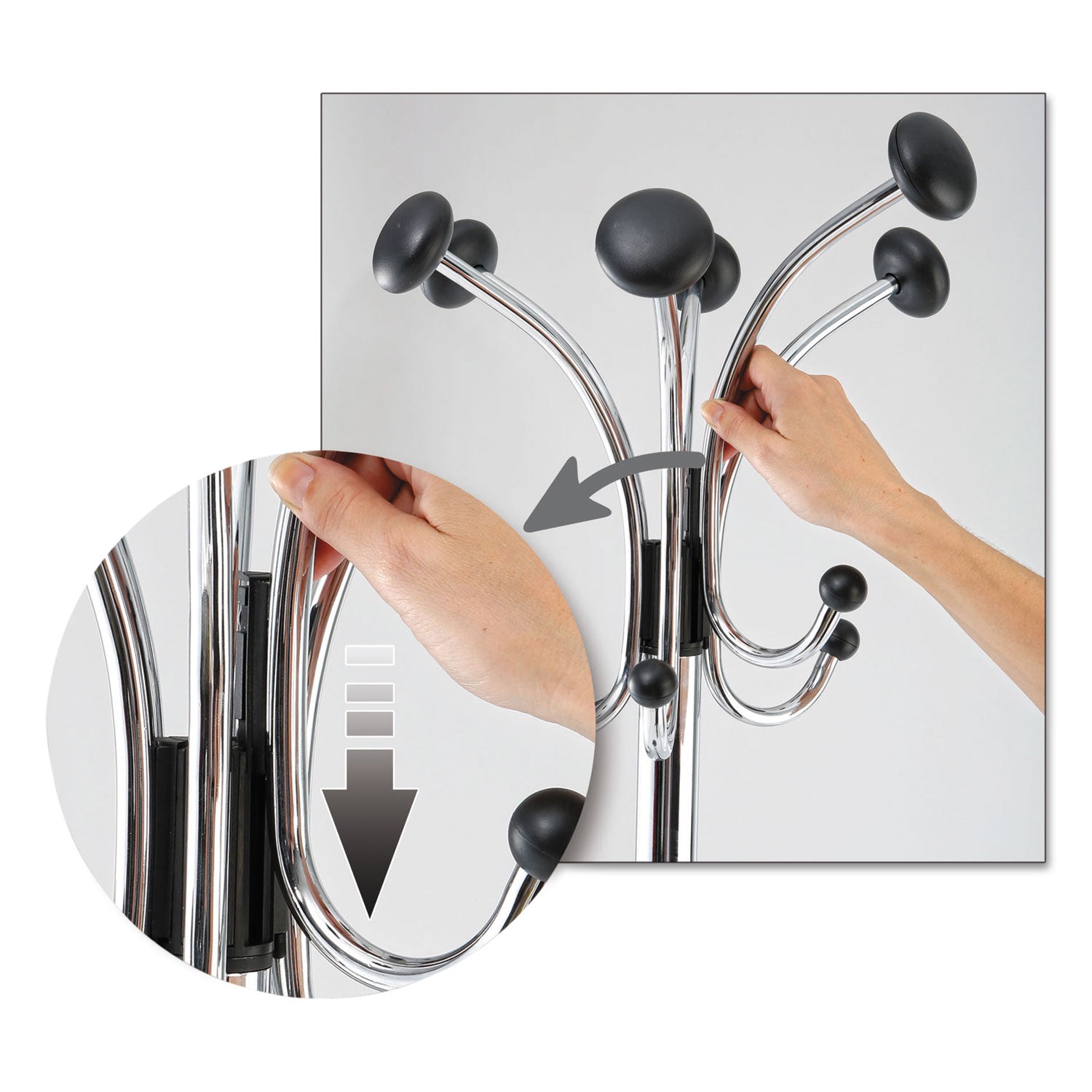 Alba™ Chromy Coat Stand, 12 Knobs, 16w x 16d x 70.5h, Chrome/Black