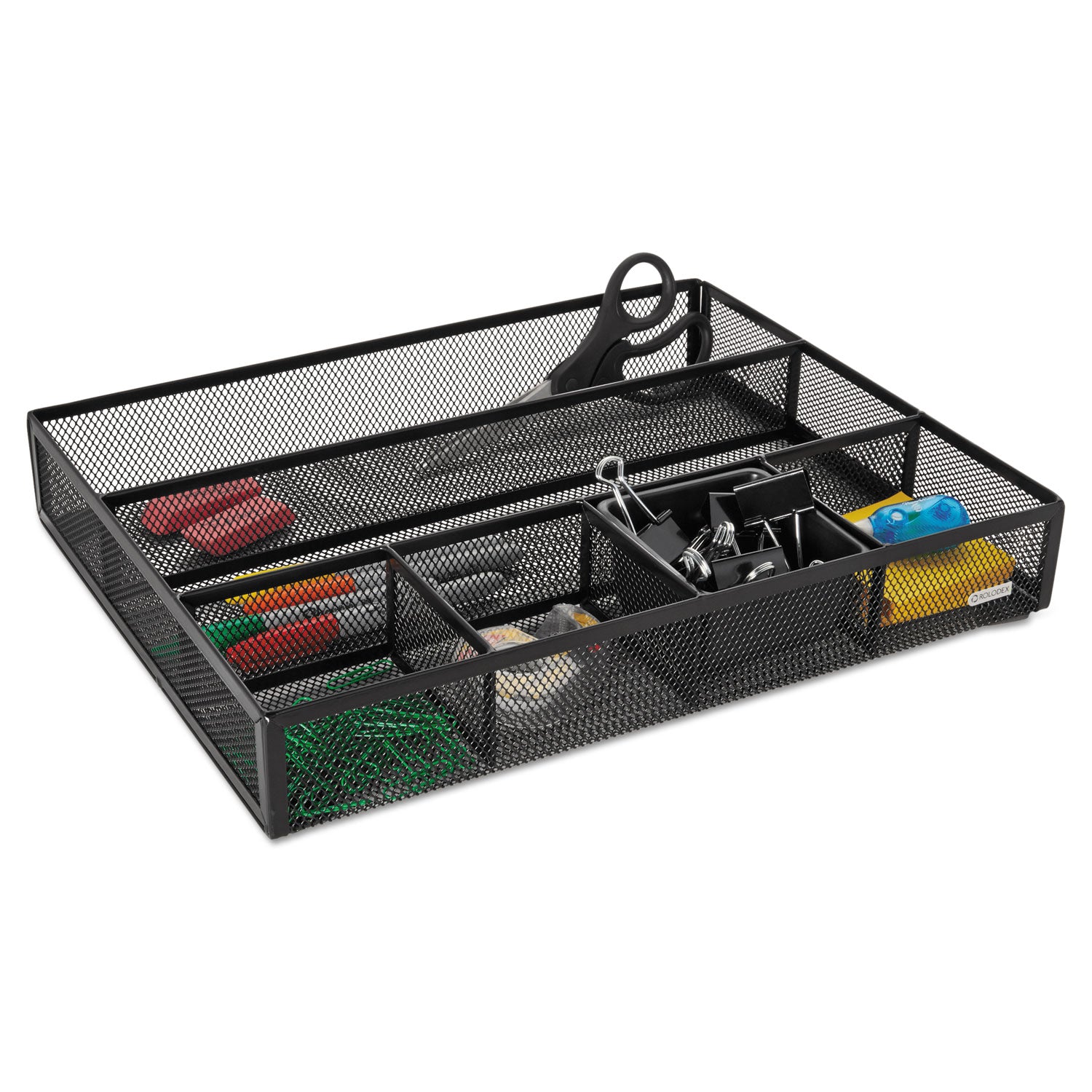 Rolodex™ Metal Mesh Deep Desk Drawer Organizer, Six Compartments, 15.25 x 11.88 x 2.5, Black