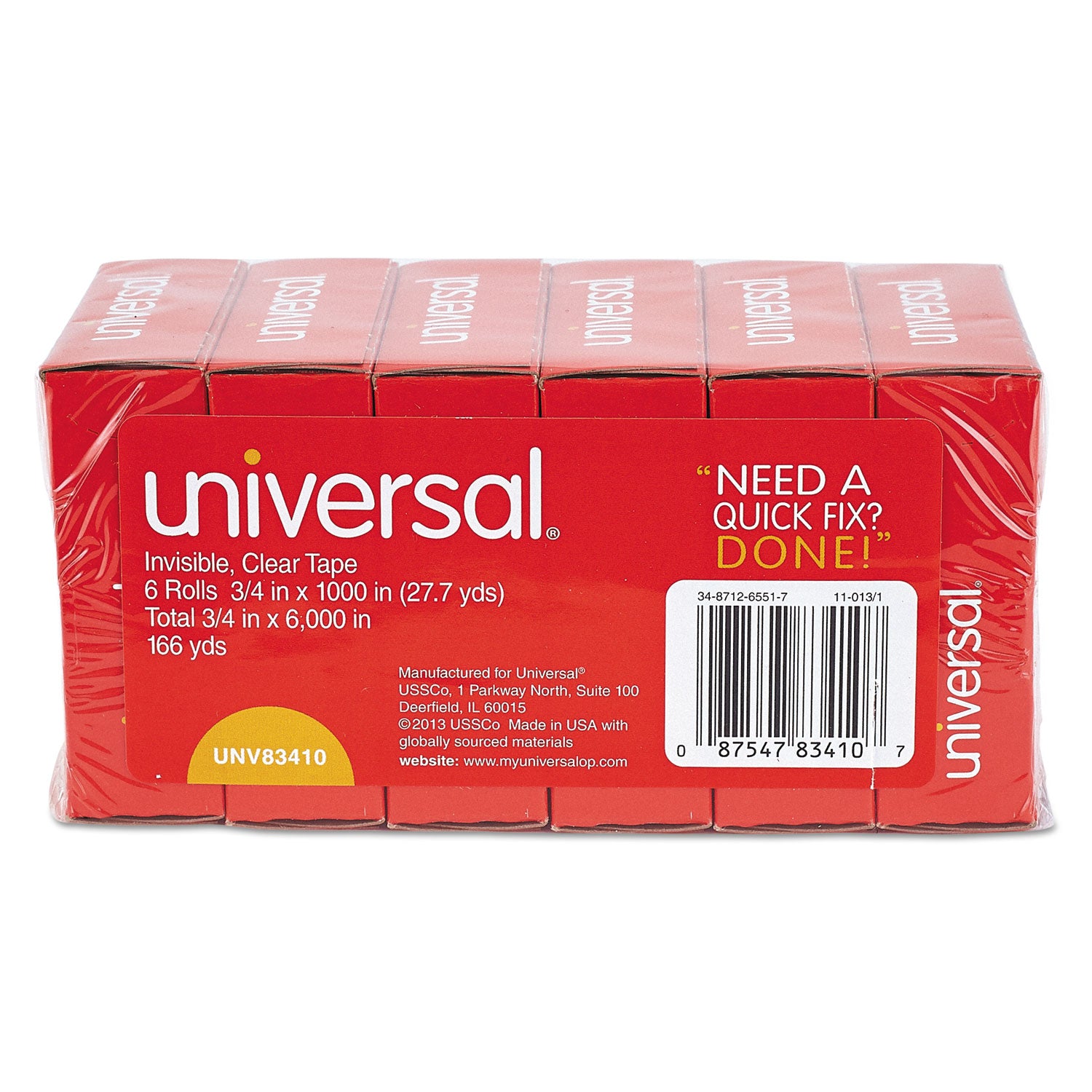 Universal® Invisible Tape, 1" Core, 0.75" x 83.33 ft, Clear, 6/Pack