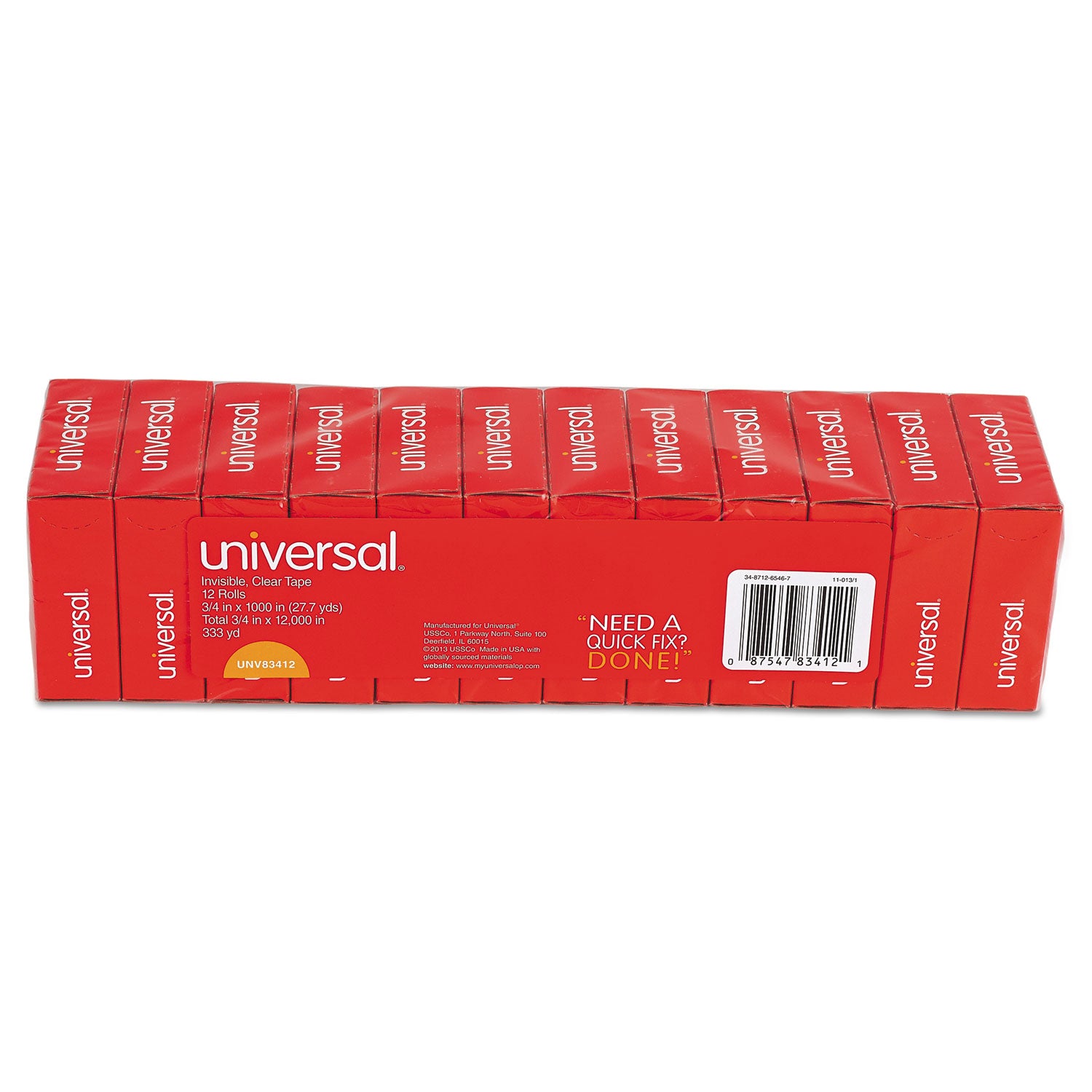 Universal® Invisible Tape, 1" Core, 0.75" x 83.33 ft, Clear, 12/Pack