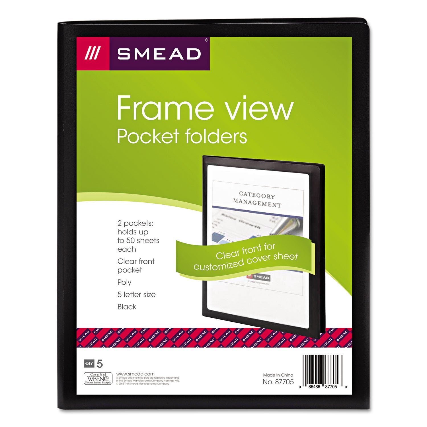 Smead™ Frame View Poly Two-Pocket Folder, 100-Sheet Capacity, 11 x 8.5, Clear/Black, 5/Pack