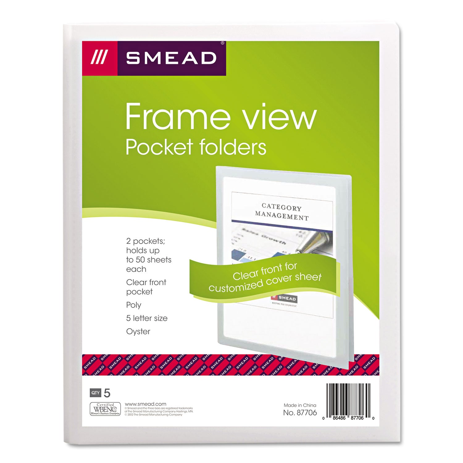 Smead™ Frame View Poly Two-Pocket Folder, 100-Sheet Capacity, 11 x 8.5, Clear/Oyster, 5/Pack