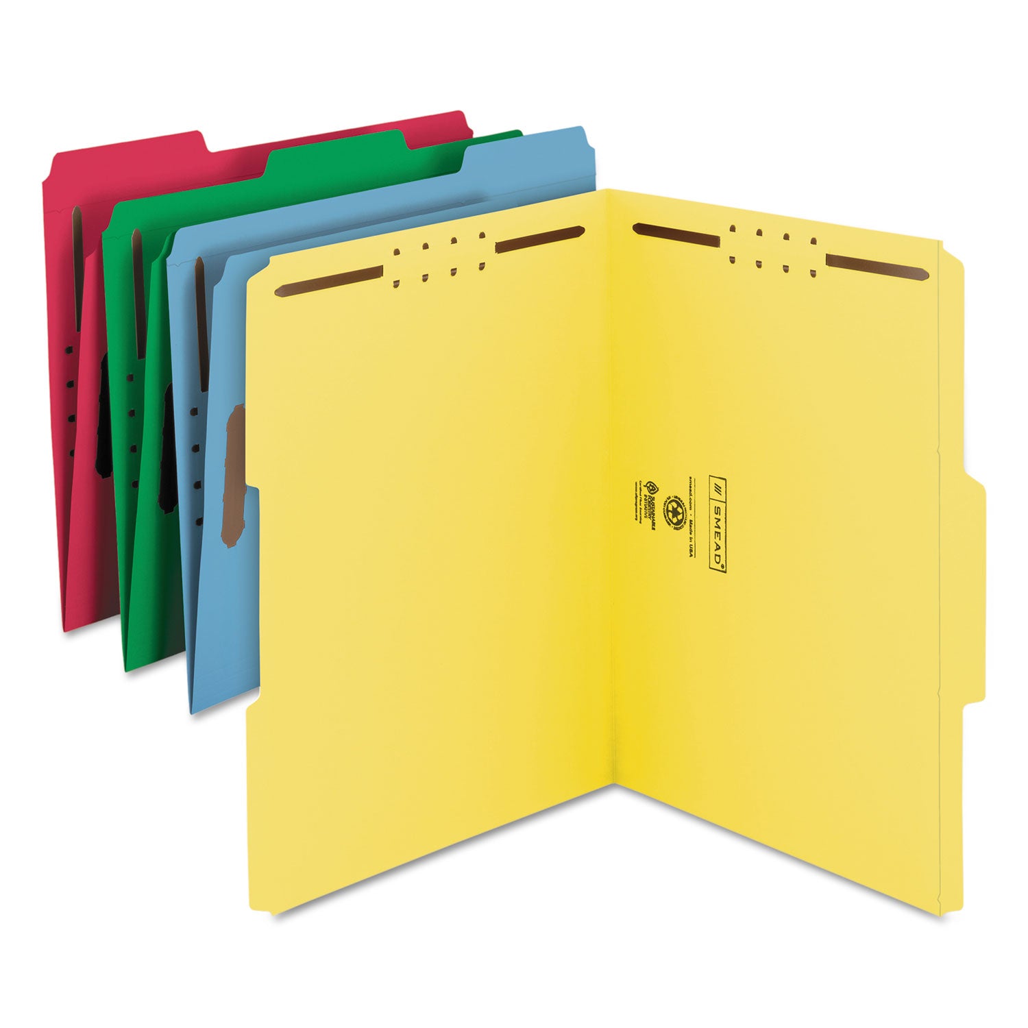 Smead™ Top Tab Colored Fastener Folders, 0.75" Expansion, 2 Fasteners, Letter Size, Assorted Colors, 50/Box