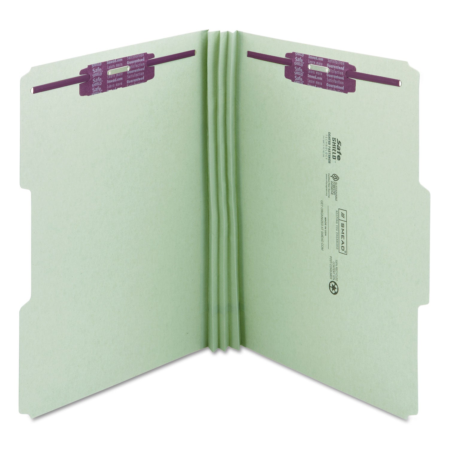 Smead™ Recycled Pressboard Fastener Folders, 1/3-Cut Tabs, Two SafeSHIELD Fasteners, 3" Expansion, Legal Size, Gray-Green, 25/Box