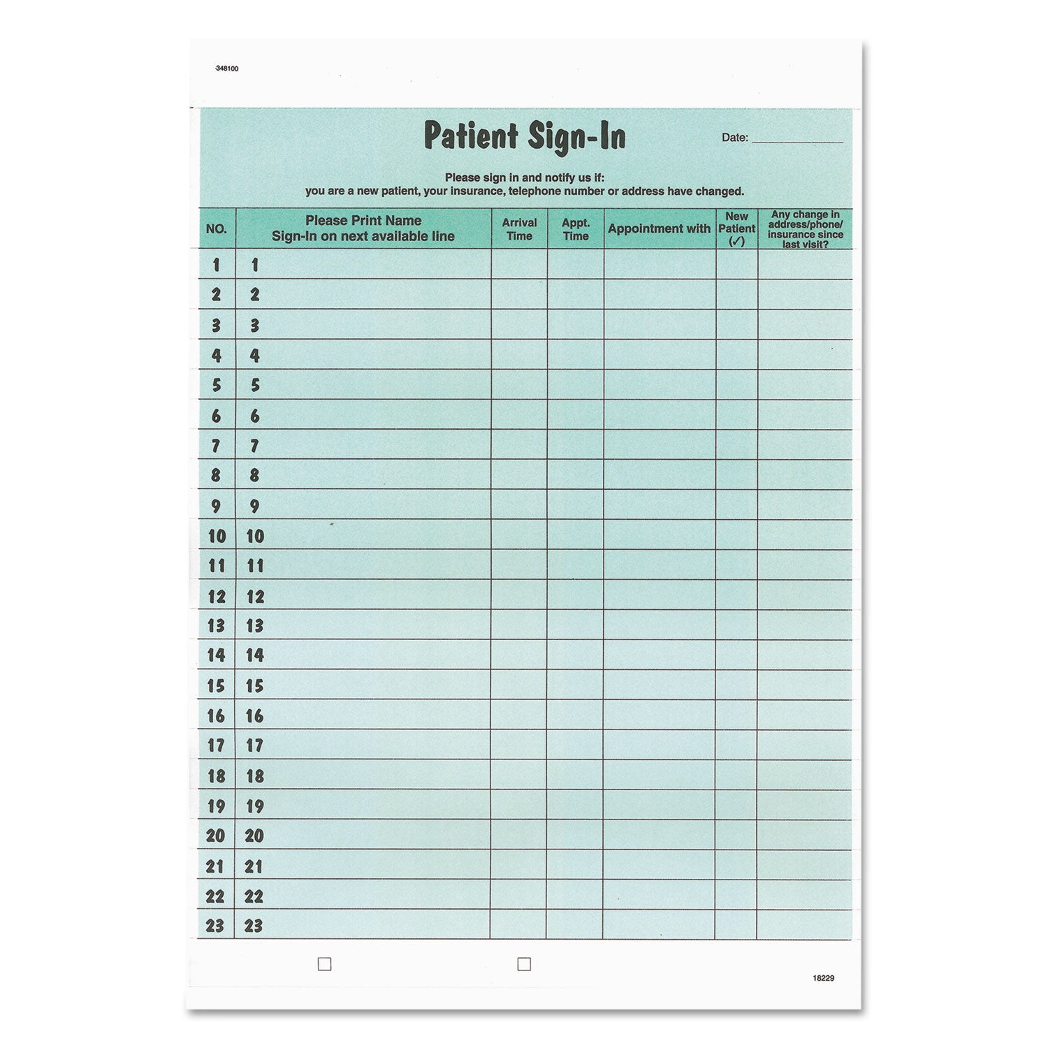 Patient Sign-In Label Forms, Two-Part Carbon, 8.5 x 11.63, Green Sheets, 125 Forms Total