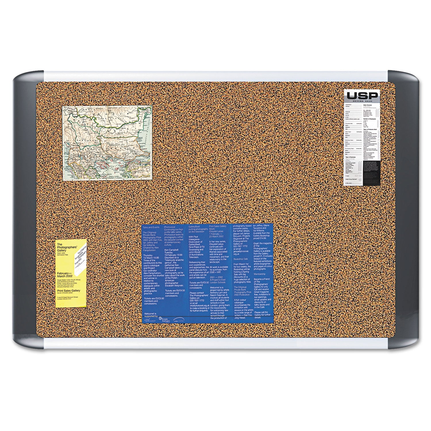 Tech Cork Board, 36 x 24, Tan Surface, Silver/Black Aluminum Frame