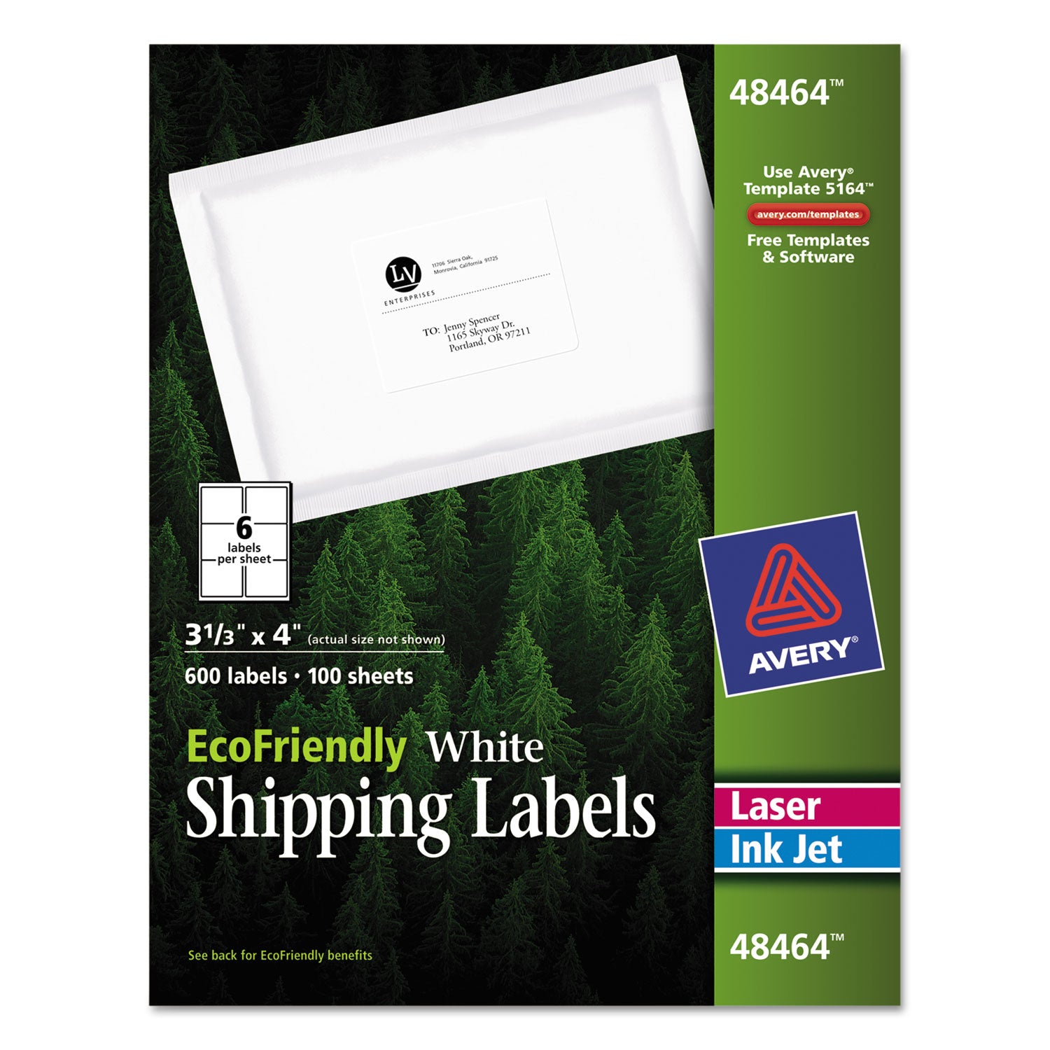 EcoFriendly Mailing Labels, Inkjet/Laser Printers, 3.33 x 4, White, 6/Sheet, 100 Sheets/Pack