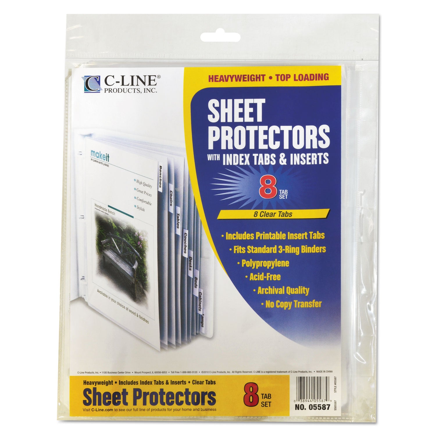 C-Line® Sheet Protectors with Index Tabs, Clear Tabs, 2", 11 x 8.5, 8/Set