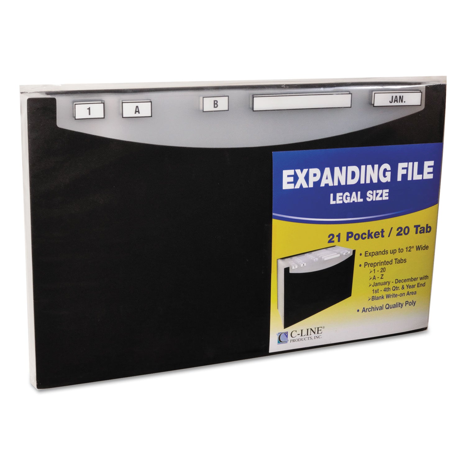 C-Line® 21-Pocket Stand-Up Design Expanding File, 12" Expansion, 21 Sections, 1/5-Cut Tabs, Legal Size, Black