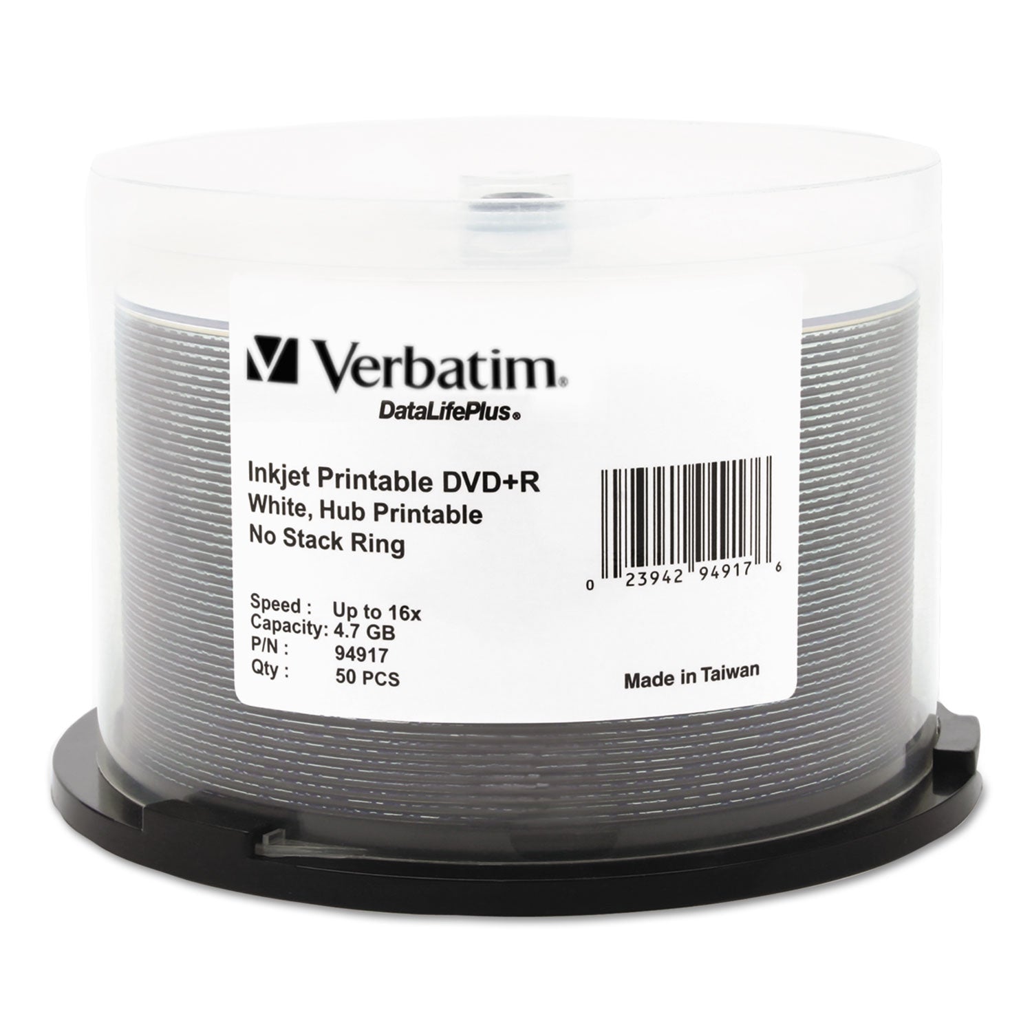 DVD+R Recordable Disc, 4.7 GB, 16x, Spindle, Hub Printable, White, 50/Pack