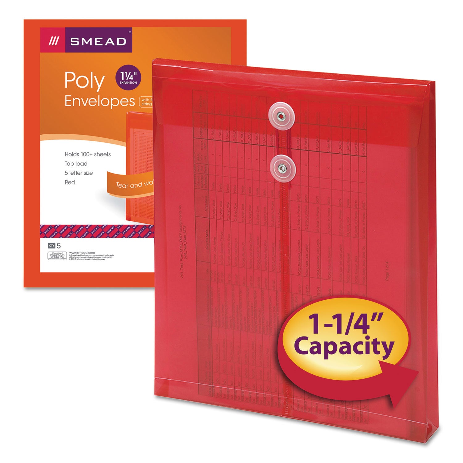 Smead™ Poly String and Button Interoffice Envelopes, Open-End (Vertical), 9.75 x 11.63, Transparent Red, 5/Pack