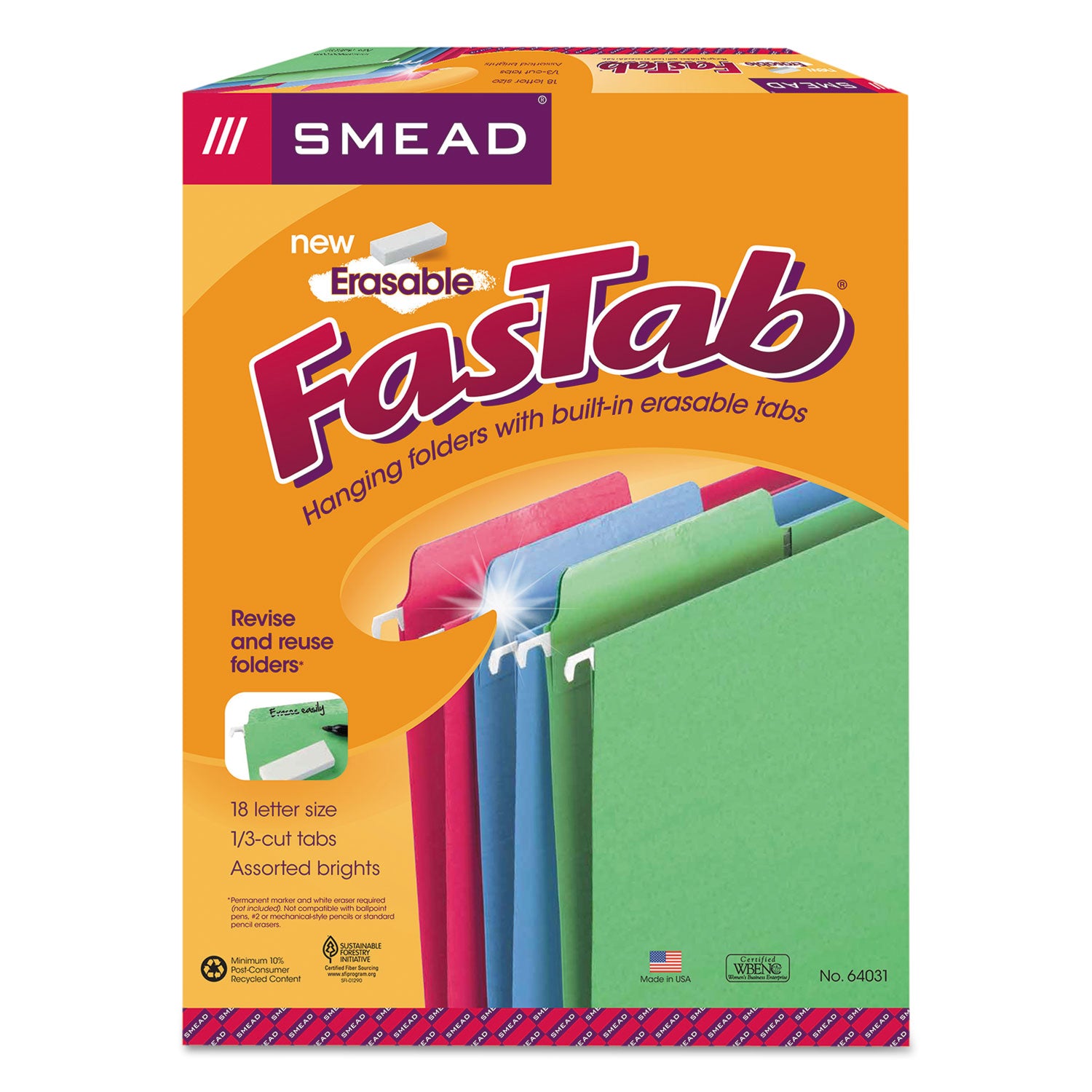 Smead™ Erasable Folders, Letter Size, 1/3-Cut Tabs, Assorted Colors, 18/Box