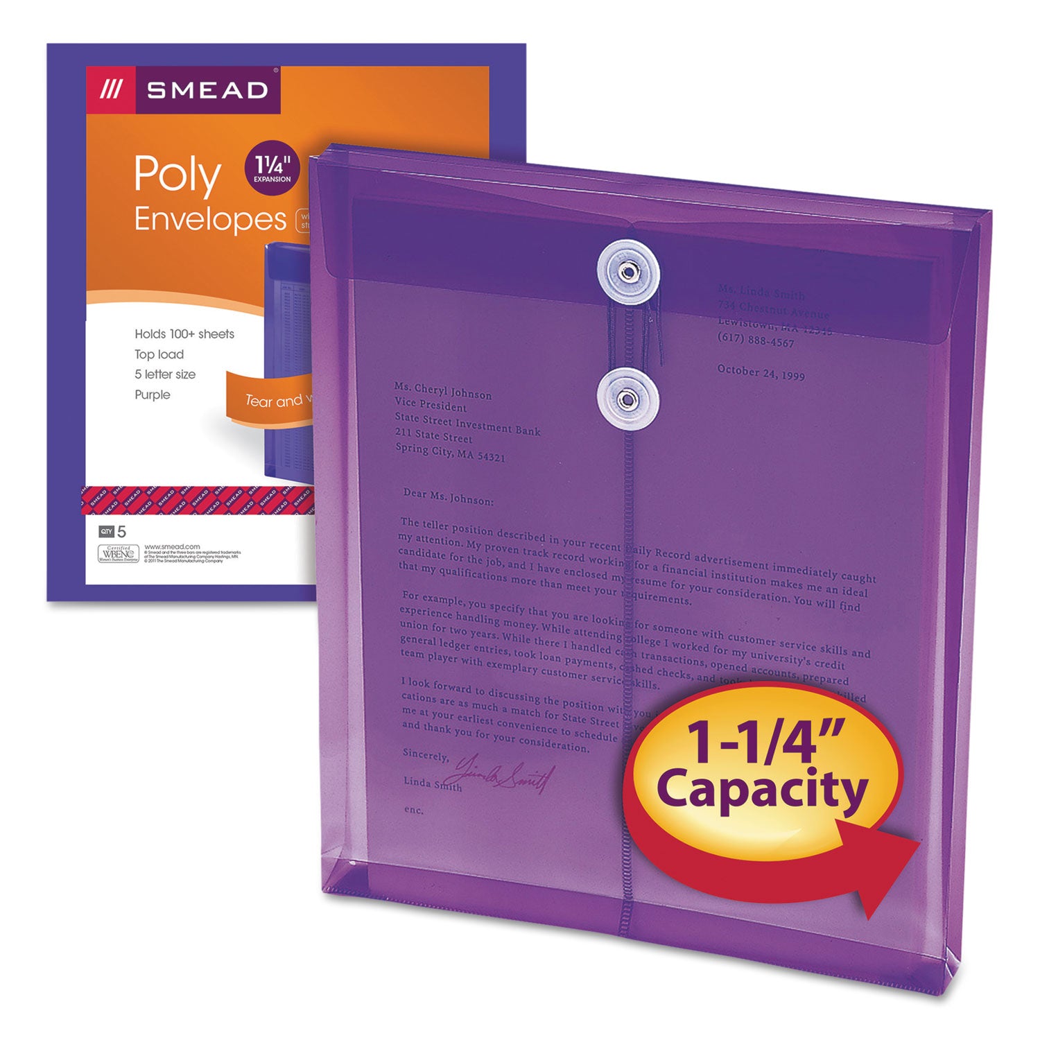 Smead™ Poly String and Button Interoffice Envelopes, Open-End (Vertical), 9.75 x 11.63, Transparent Purple, 5/Pack