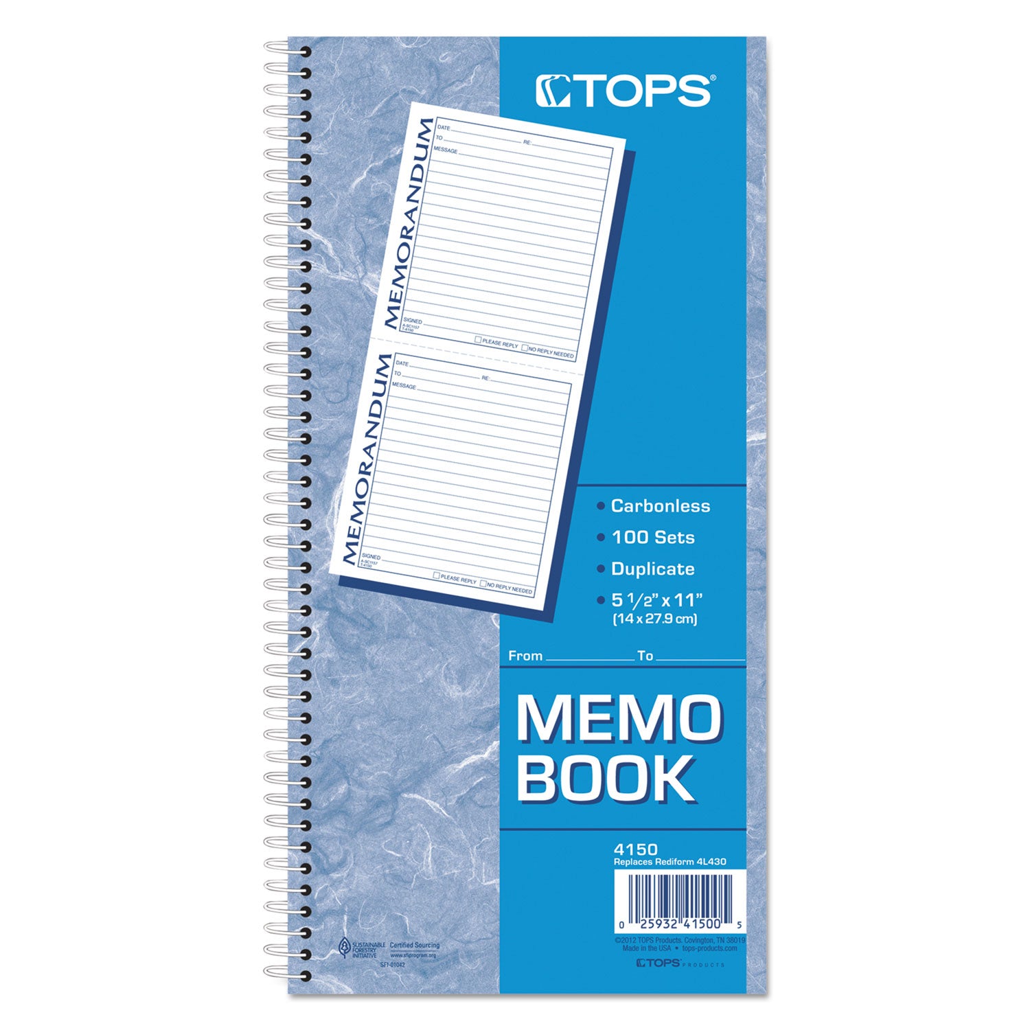 TOPS™ Memorandum Book, Two-Part Carbonless, 5.5 x 5, 2 Forms/Sheet, 100 Forms Total