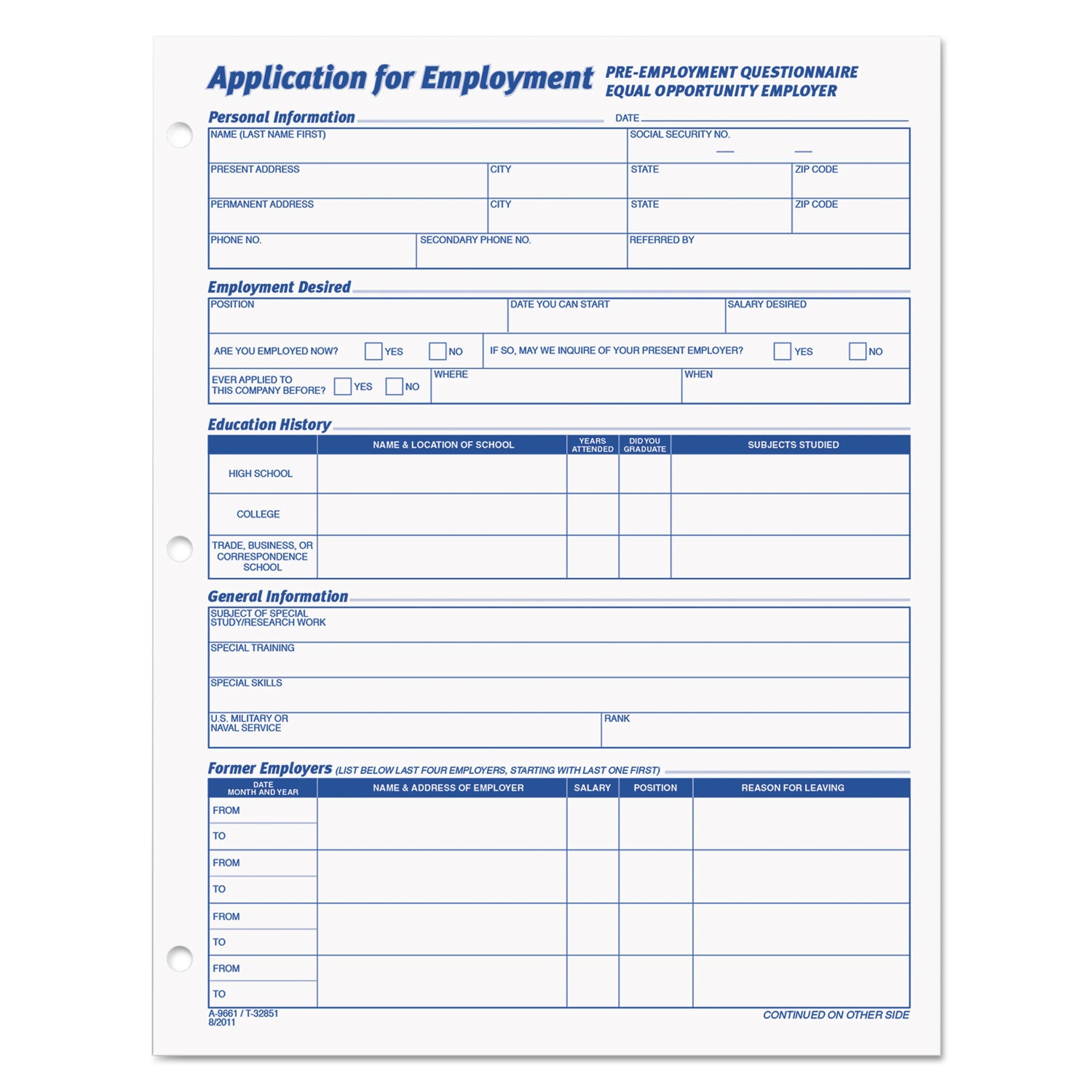 TOPS™ Employee Application Form, One-Part (No Copies), 11 x 8.38, 50 Forms/Pad, 2 Pads/Pack