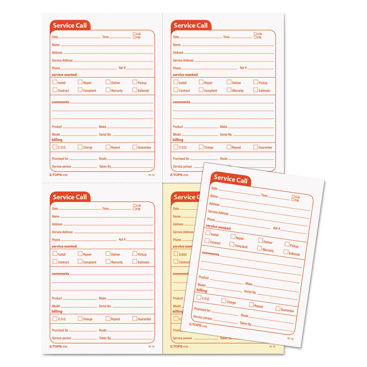 TOPS™ Service Call Book, Two-Part Carbonless, 5.5 x 3.88, 4 Forms/Sheet, 200 Forms Total