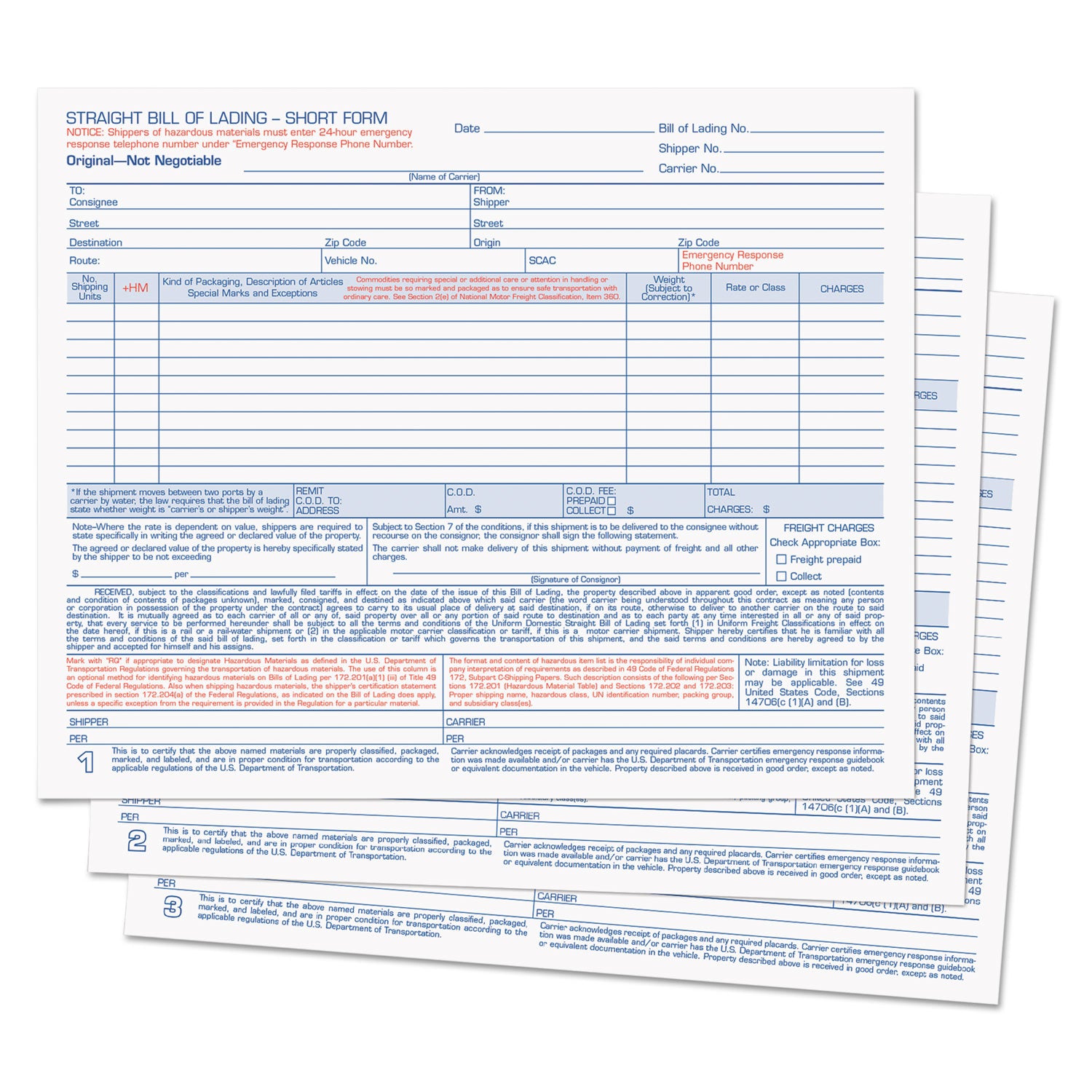 TOPS™ Hazardous Material Short Form, Three-Part Carbonless, 7 x 8.5, 50 Forms Total