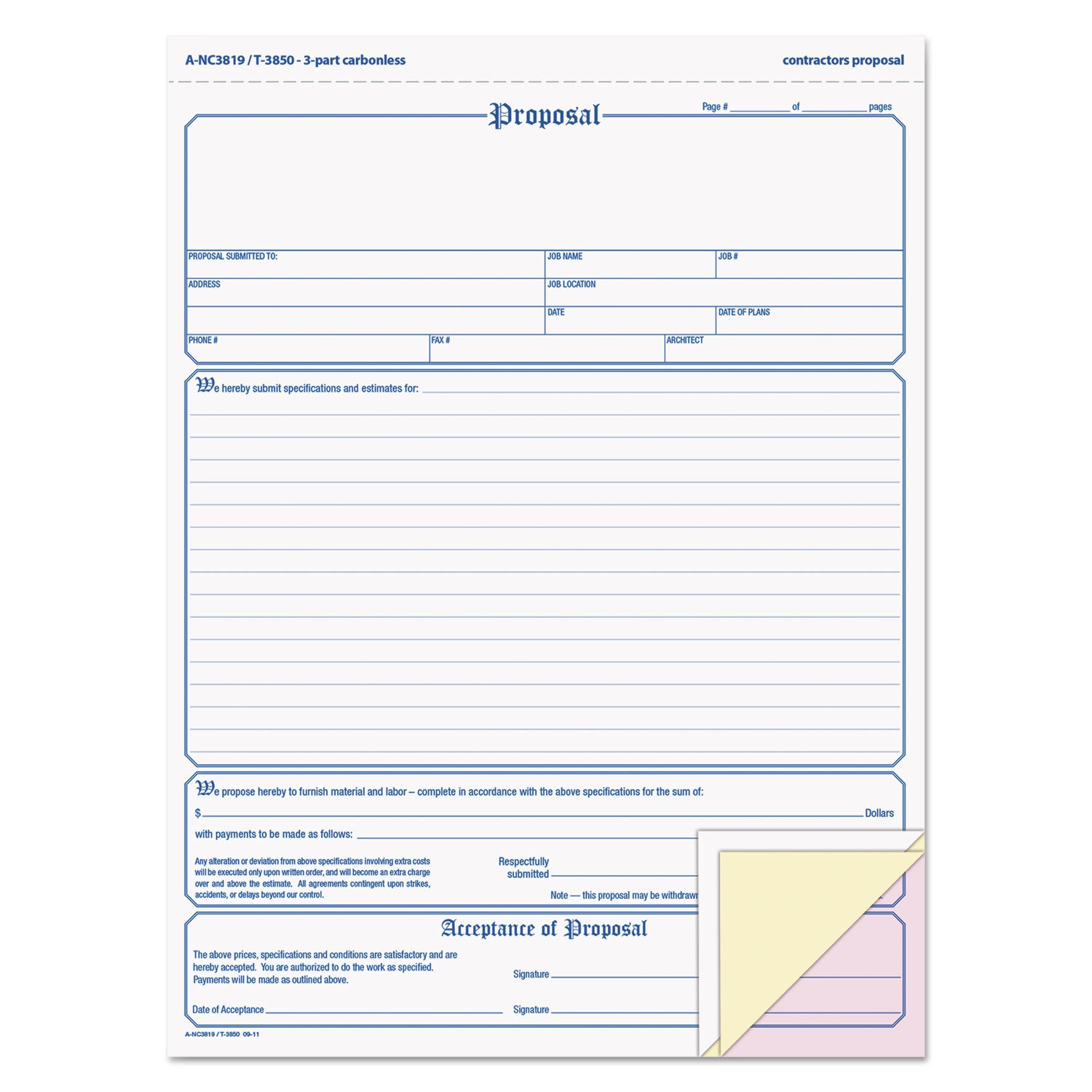 Proposal Form, Three-Part Carbonless, 11 x 8.5, 50 Forms Total