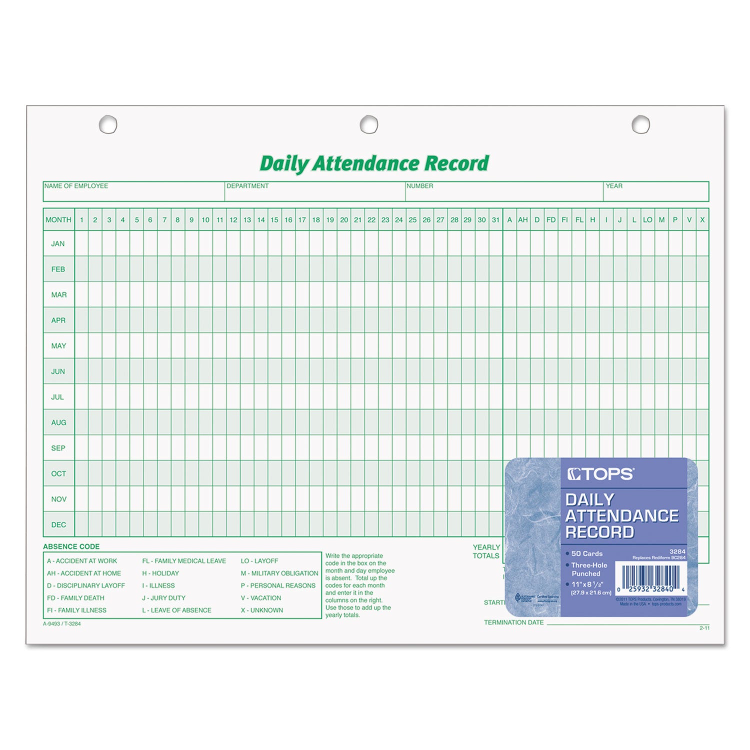 TOPS™ Daily Attendance Card, One-Part (No Copies), 11 x 8.5, 50 Forms Total