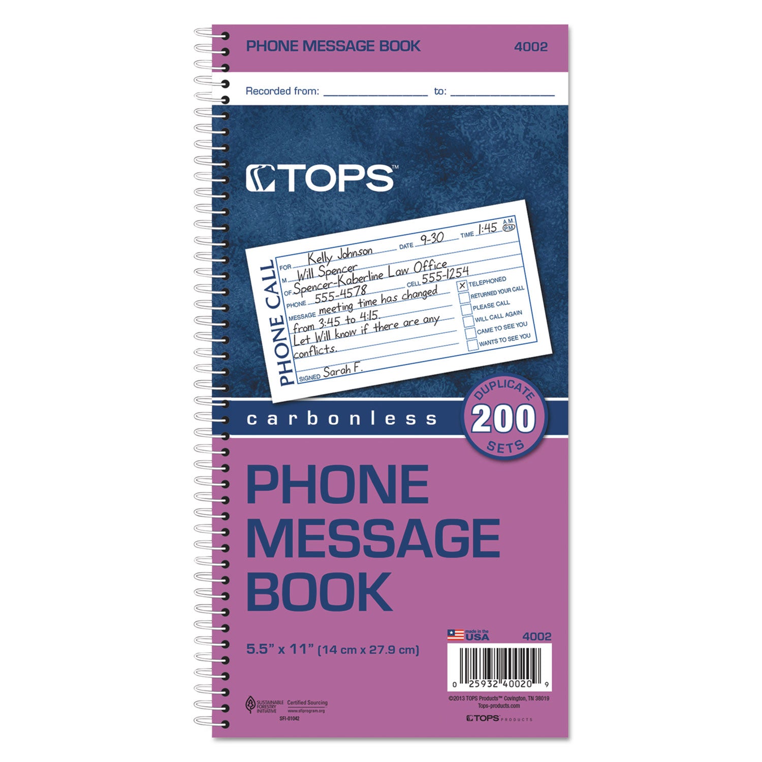 TOPS™ Spiralbound Message Book, Two-Part Carbonless, 5 x 2.75, 4 Forms/Sheet, 200 Forms Total