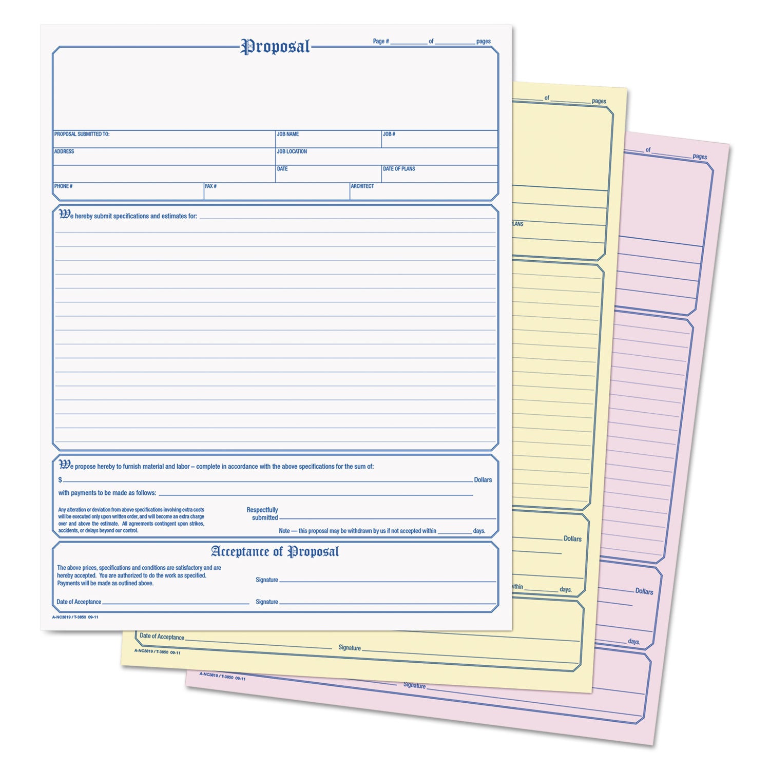 Adams® Contractor Proposal Form, Three-Part Carbonless, 8.5 x 11.44, 50 Forms Total