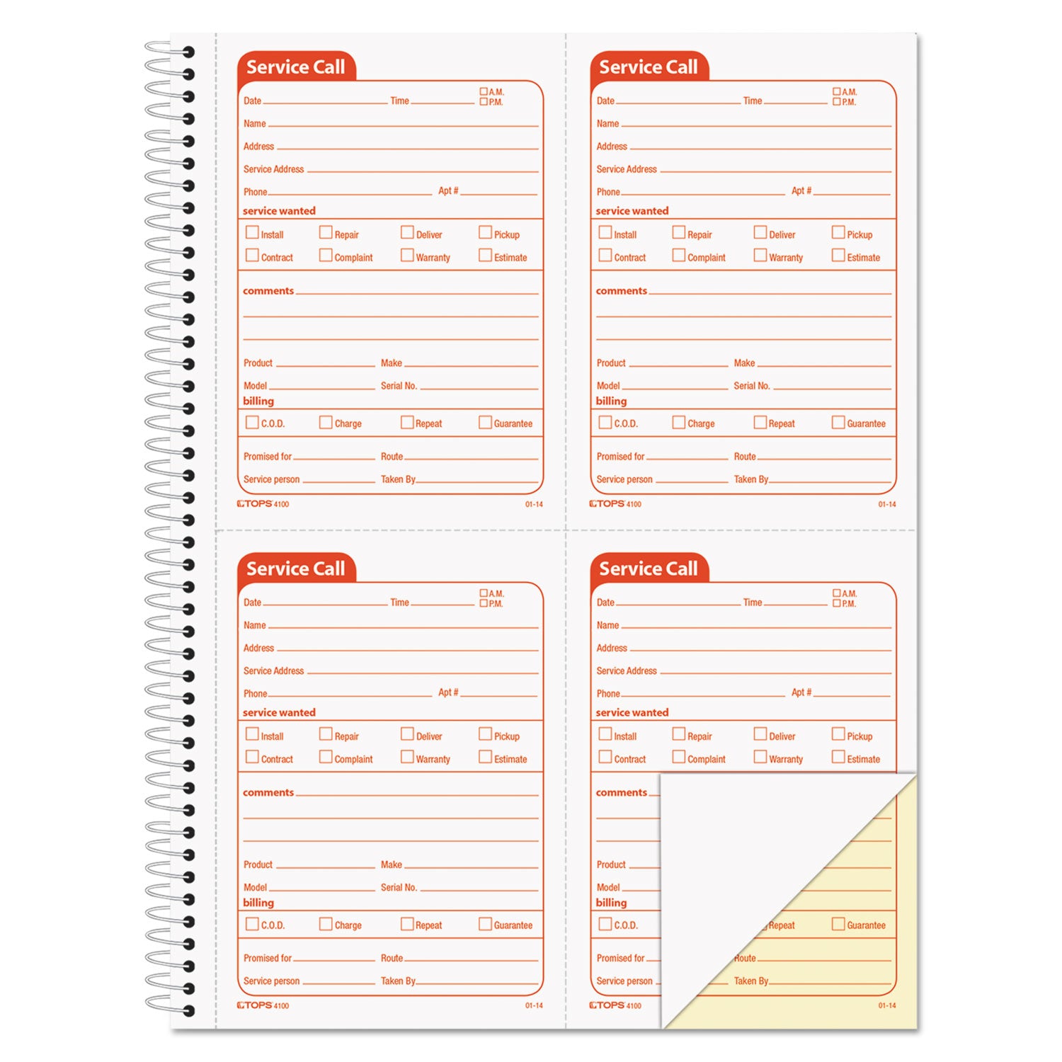 Service Call Book, Two-Part Carbonless, 5.5 x 3.88, 4 Forms/Sheet, 200 Forms Total