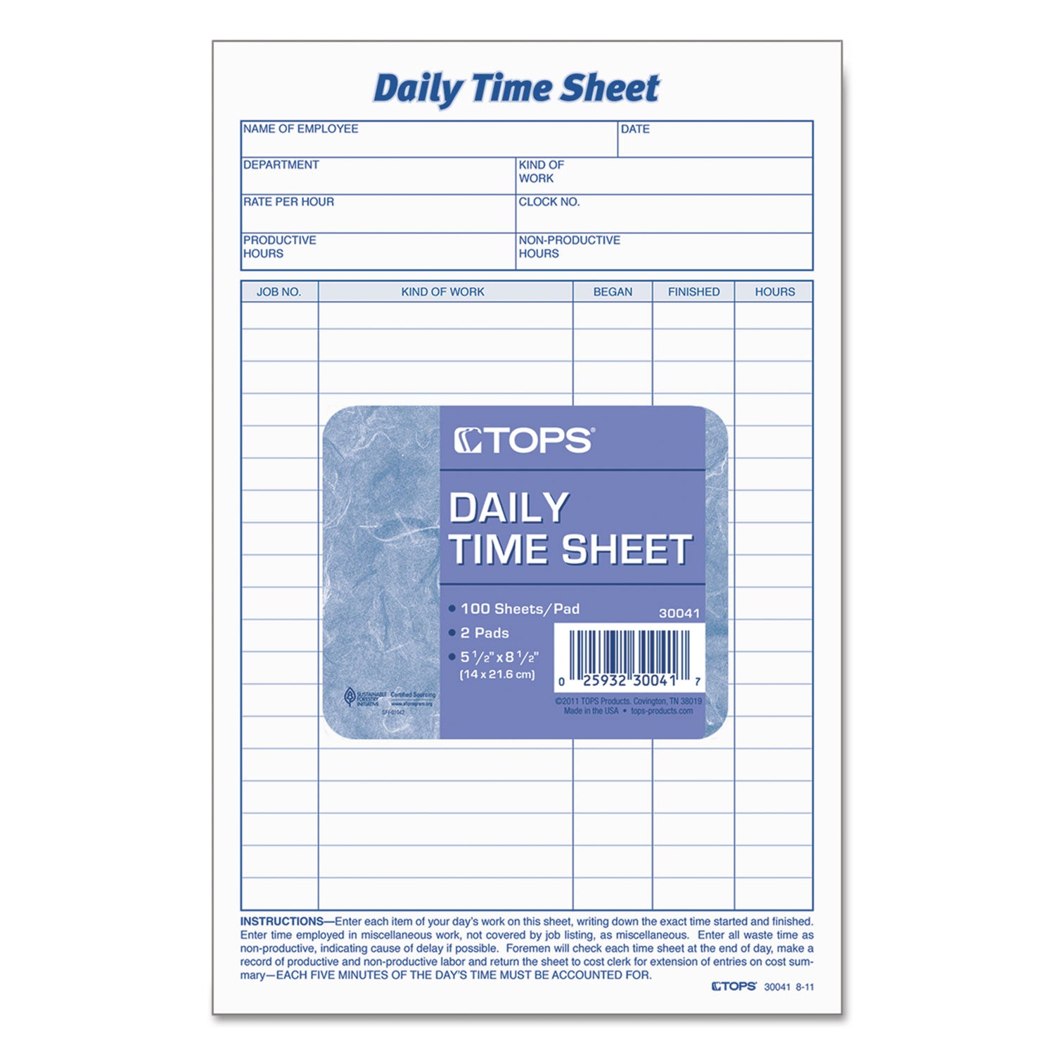 TOPS™ Daily Time and Job Sheets, One-Part (No Copies), 8.5 x 5.5, 200 Forms/Pad, 2 Pads/Pack