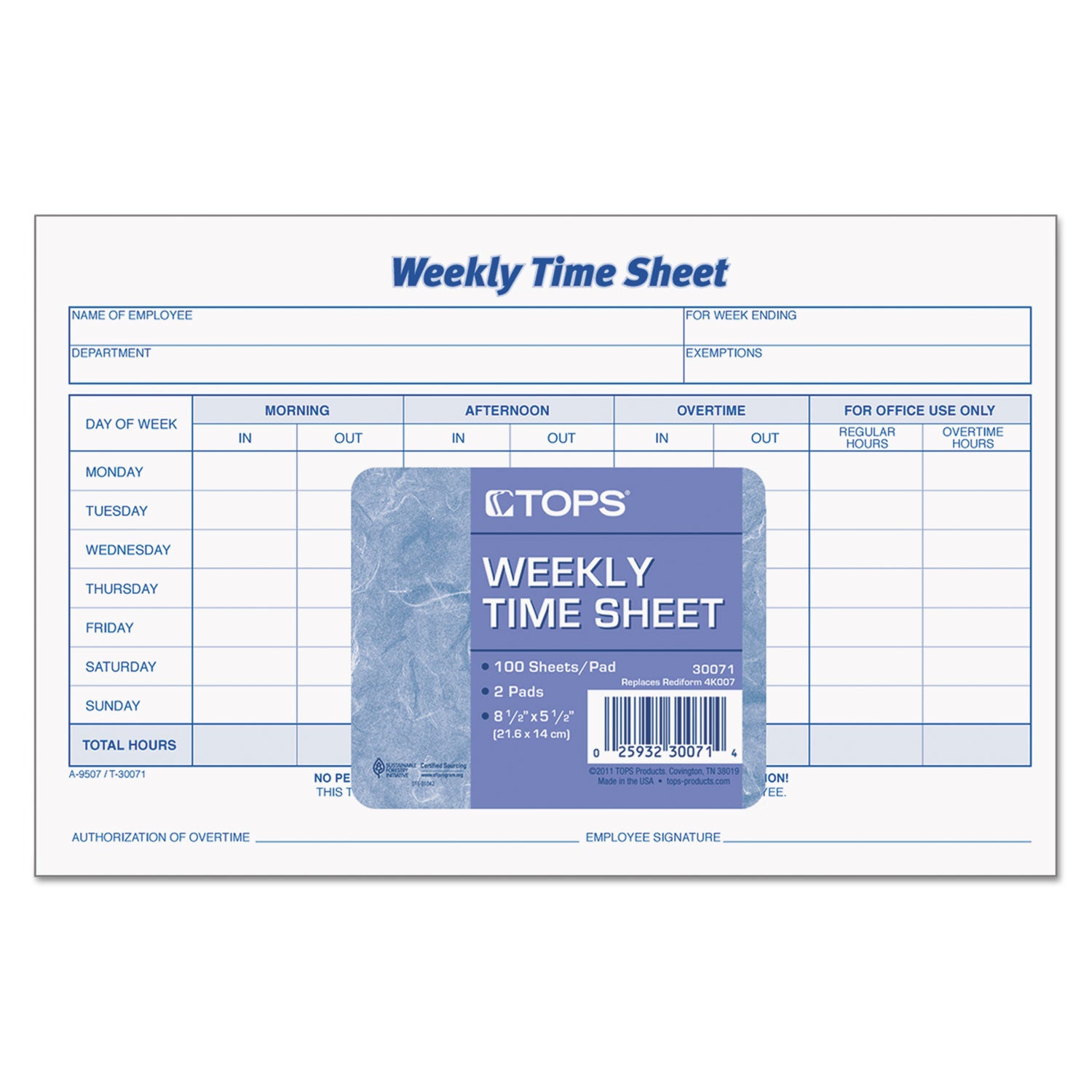 TOPS™ Weekly Time Sheets, One-Part (No Copies), 8.5 x 5.5, 50 Forms/Pad, 2 Pads/Pack