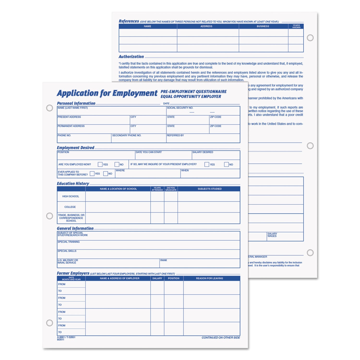 Employee Application Form, One-Part (No Copies), 11 x 8.38, 50 Forms/Pad, 2 Pads/Pack