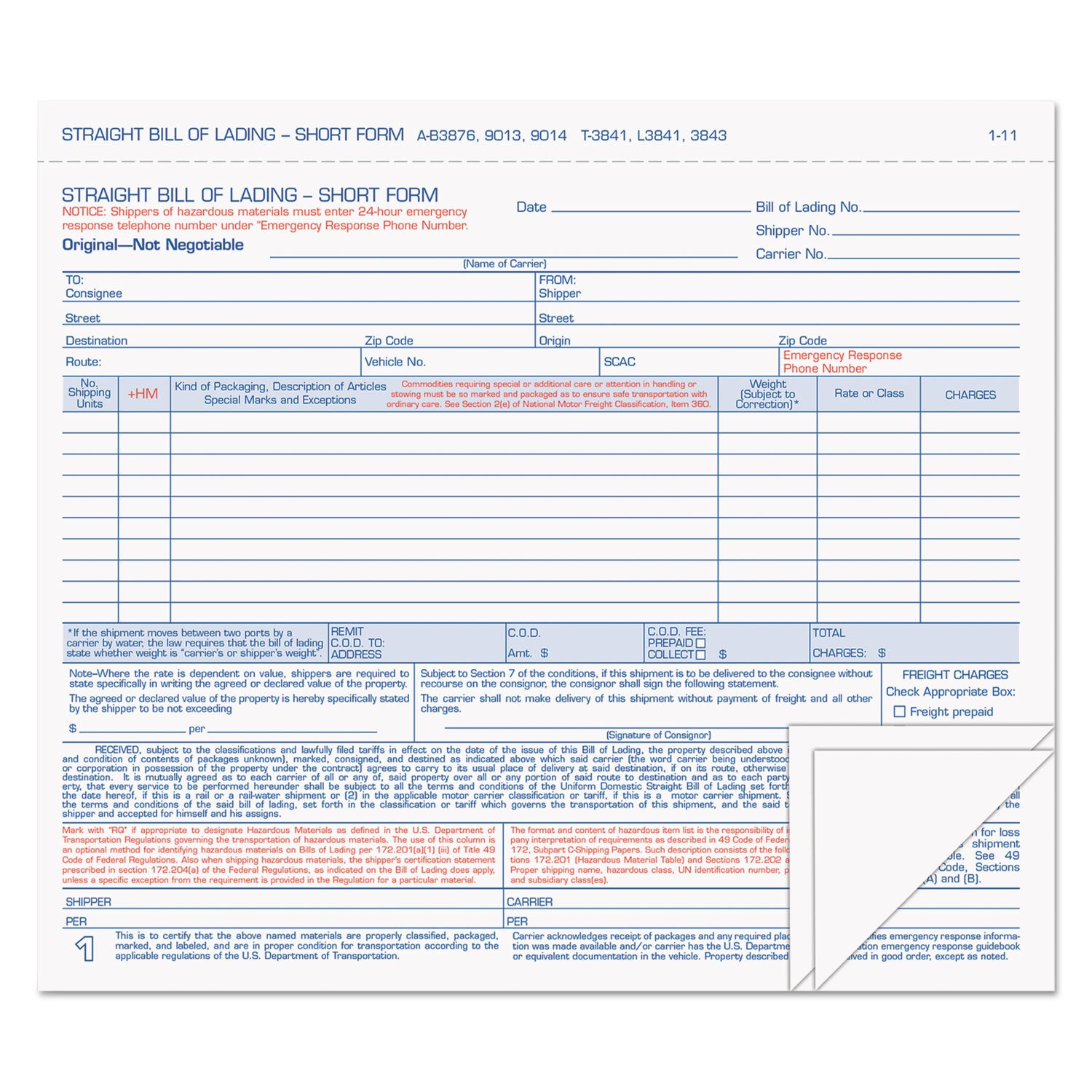 Hazardous Material Short Form, Three-Part Carbonless, 7 x 8.5, 50 Forms Total