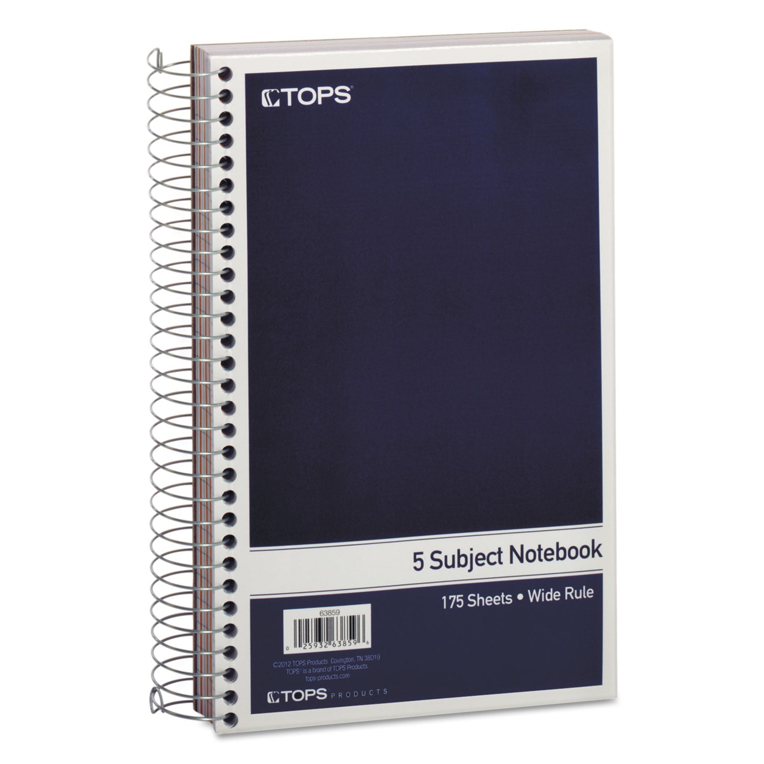 TOPS™ Wirebound Five-Subject Notebook, Wide/Legal Rule, Navy Cover, (175) 9.5 x 6 Sheets